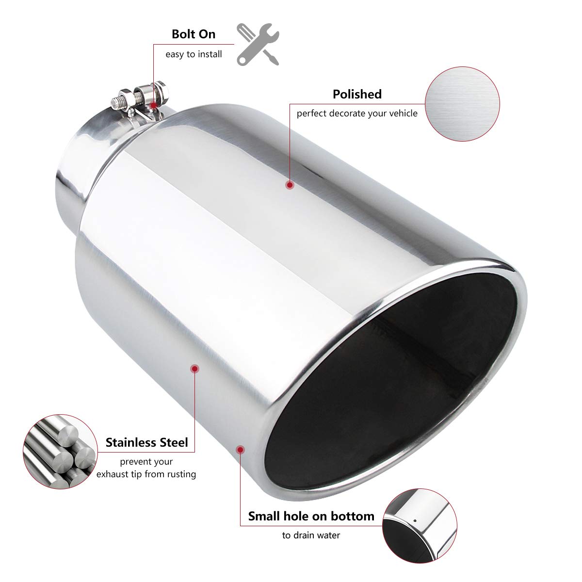 LCGP 5" Inlet Exhaust Tip, 6" Outlet 15" Long Bolt On Stainless Steel Diesel Exhaust Tailpipe Black