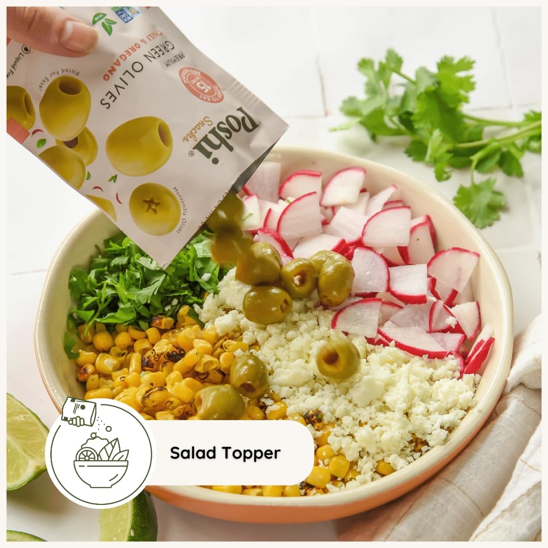 POSHI Green Pitted Olives - Basil & Garlic | Vegan, Kosher, Gluten Free + Keto Friendly, Fresh, Low Calorie Healthy Snacks | (30 Pack, 1.1oz Bags)