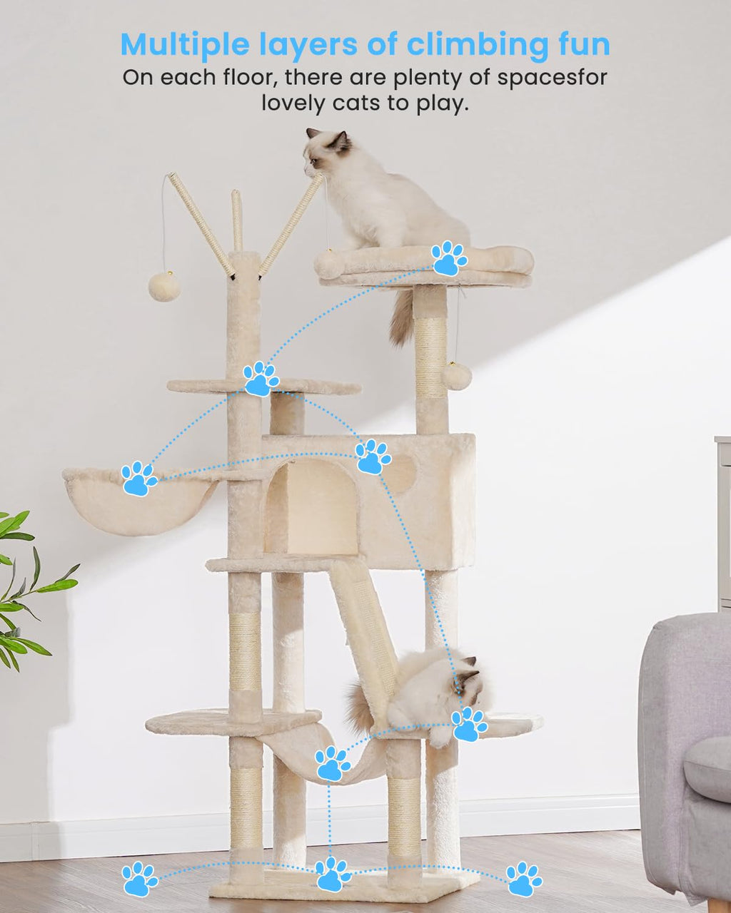 Hey-brother Cat Tree, 53 inch Cat Tower for Indoor Cats, Cat House with Padded Platform Bed, Toy Balls, Large Cozy Condo, Hammocks and Sisal Scratching Posts, Beige MPJ019-SM