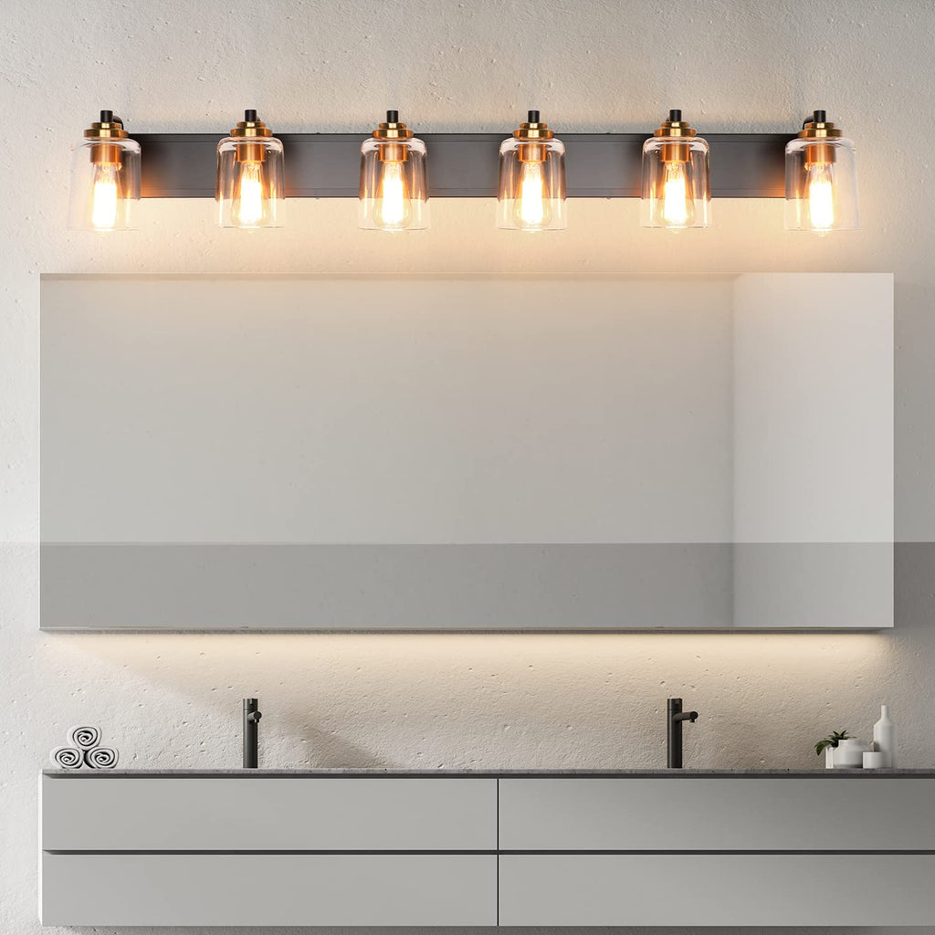 SOLFART 20.1 Inch Black Vintage Bathroom Vanity Light Fixtures Fixtures with Modern Glass Globe Shade Metal Brass Wall Lamp 2 Lights