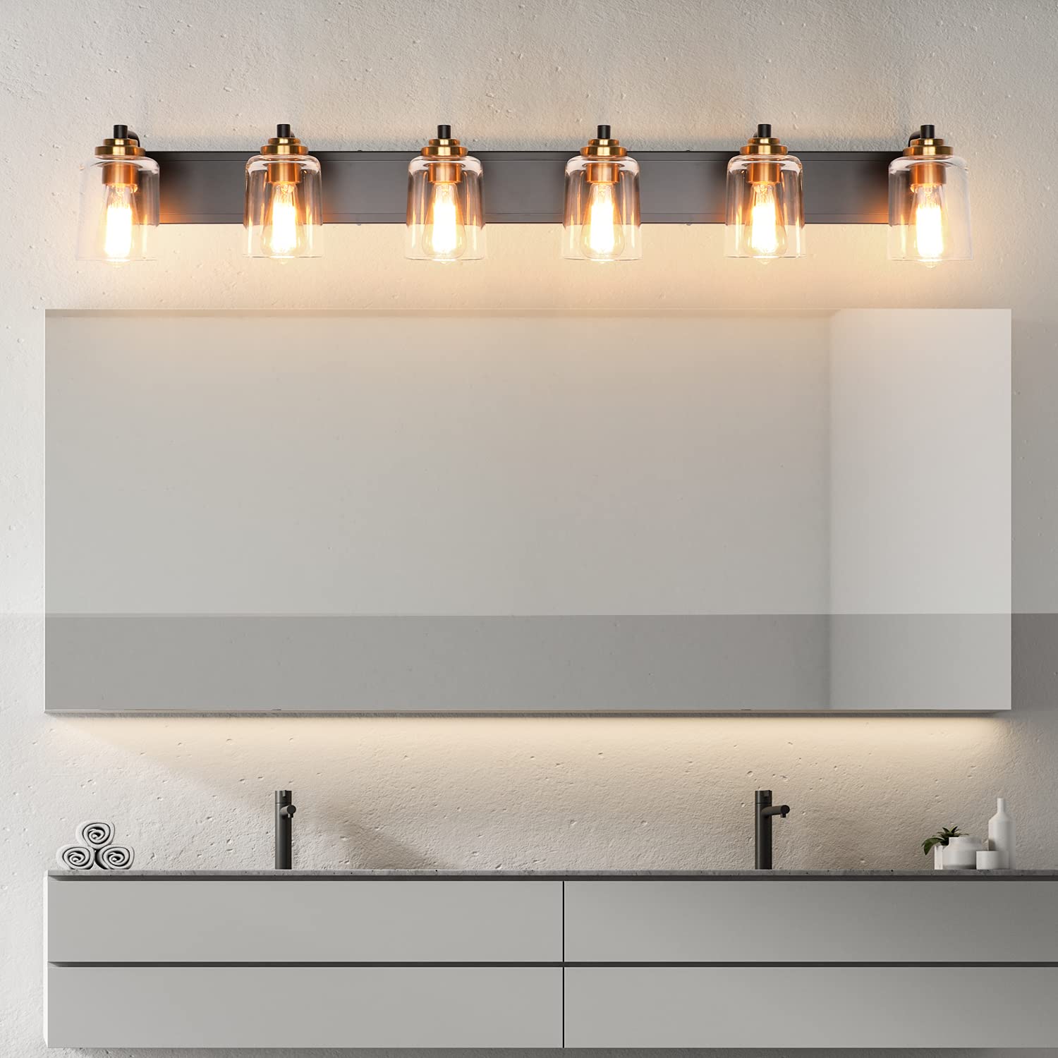 SOLFART 20.1 Inch Black Vintage Bathroom Vanity Light Fixtures Fixtures with Modern Glass Globe Shade Metal Brass Wall Lamp 2 Lights