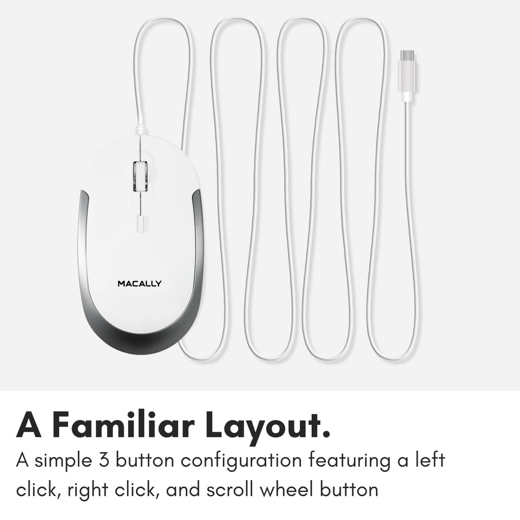 Macally Wired USB C Mouse for Mac and PC - Slim, Quiet, and Reliable - Type C Mouse for MacBook Pro/Air, iMac, Apple iPad, Laptop, Computer Desktop with 3 Button, Scroll Wheel, USBC, and 4 DPI Mode