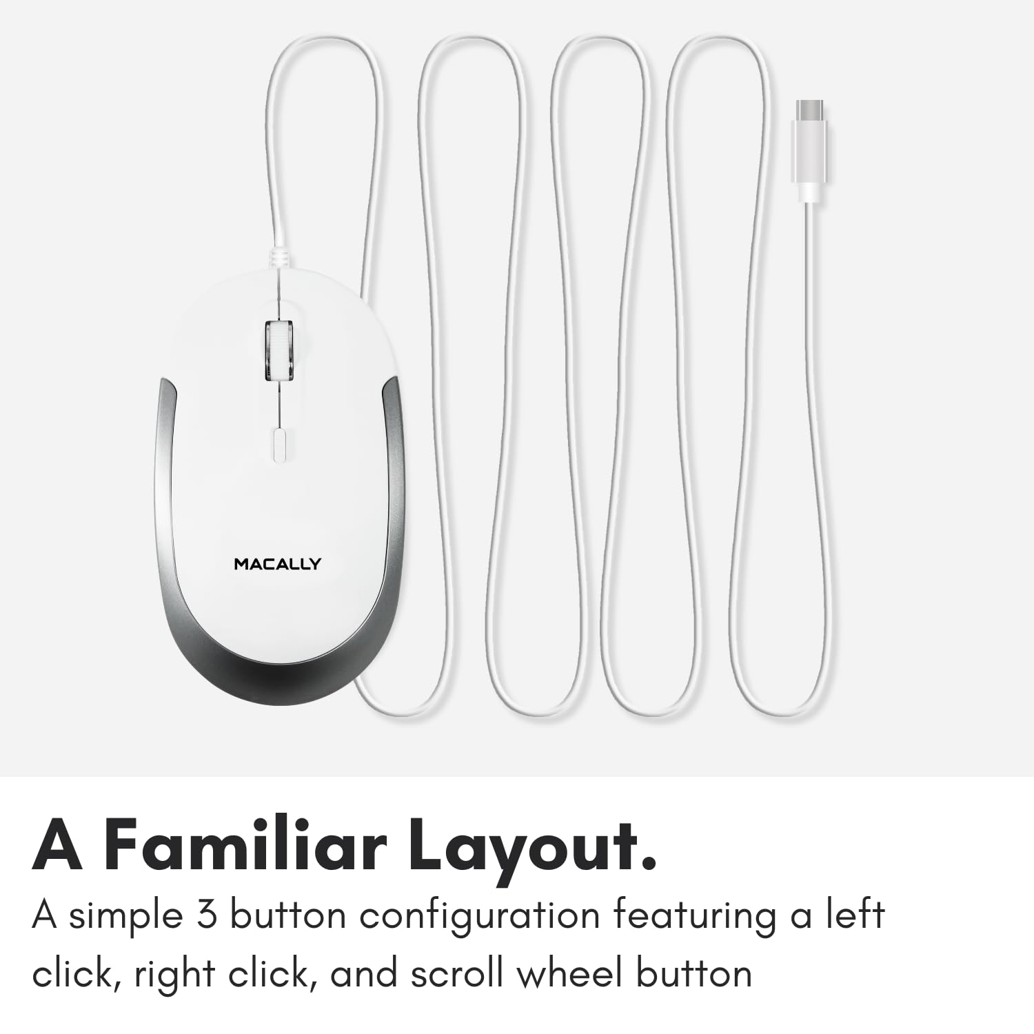 Macally Wired USB C Mouse for Mac and PC - Slim, Quiet, and Reliable - Type C Mouse for MacBook Pro/Air, iMac, Apple iPad, Laptop, Computer Desktop with 3 Button, Scroll Wheel, USBC, and 4 DPI Mode