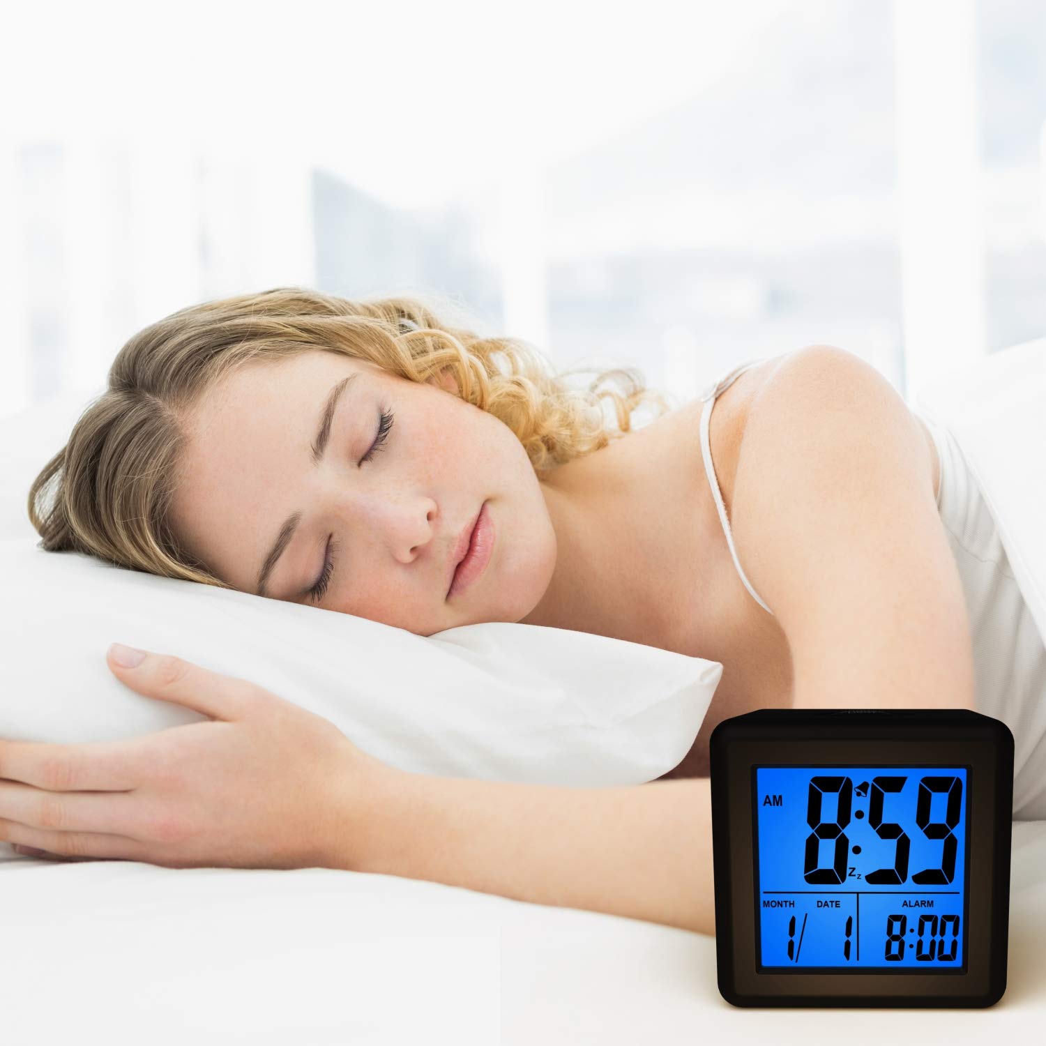Plumeet Digital Alarm Clock Kids Clock with Snooze and White Nightlight - Easy Setting Travel Alarm Clocks Display Time, Date, Alarm - Ascending Sound - Battery Powered (Baby Blue)