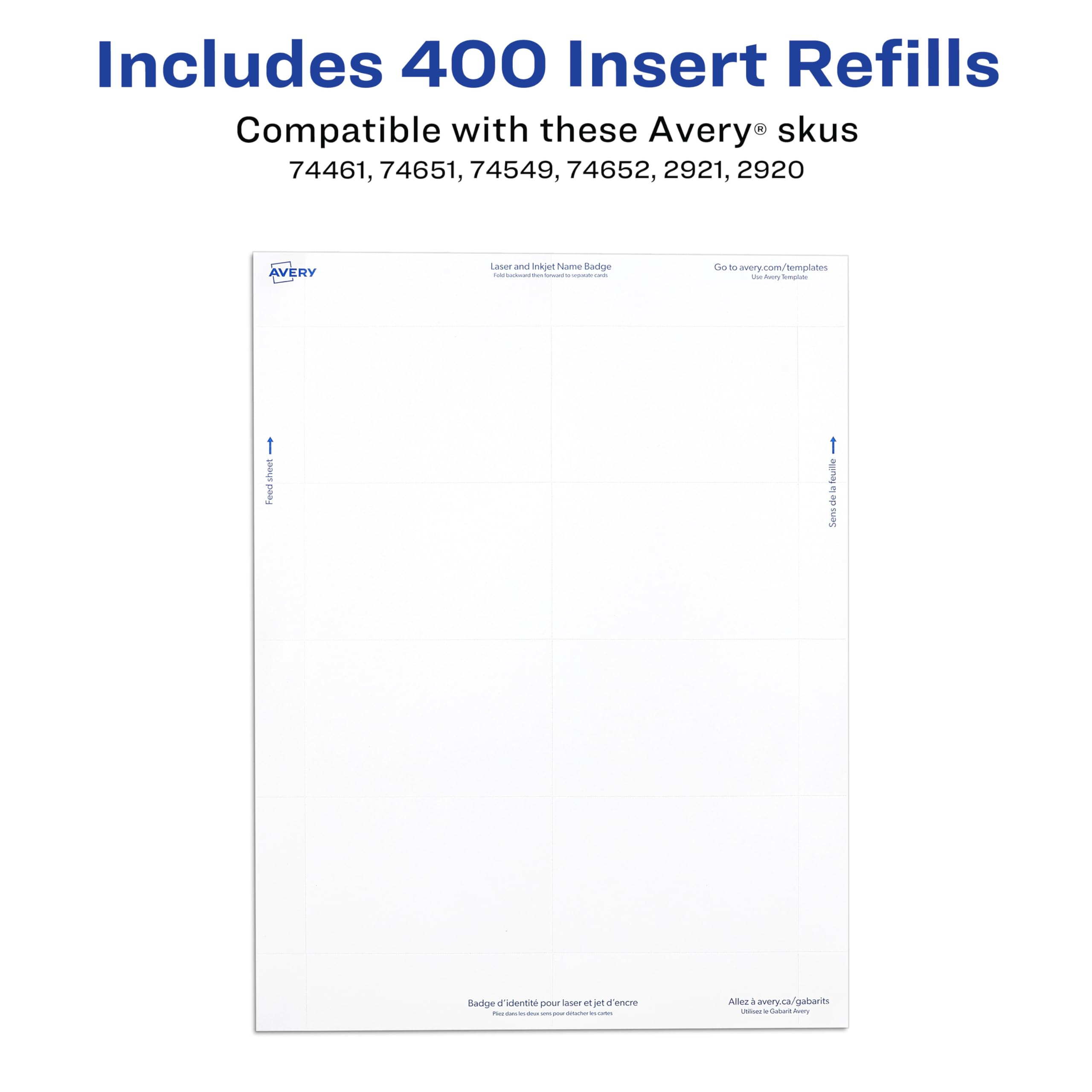 Avery Customizable Name Badge Inserts, 2.25" x 3.5", White, 400 Printable Name Tag Inserts (5390), Pack of 5