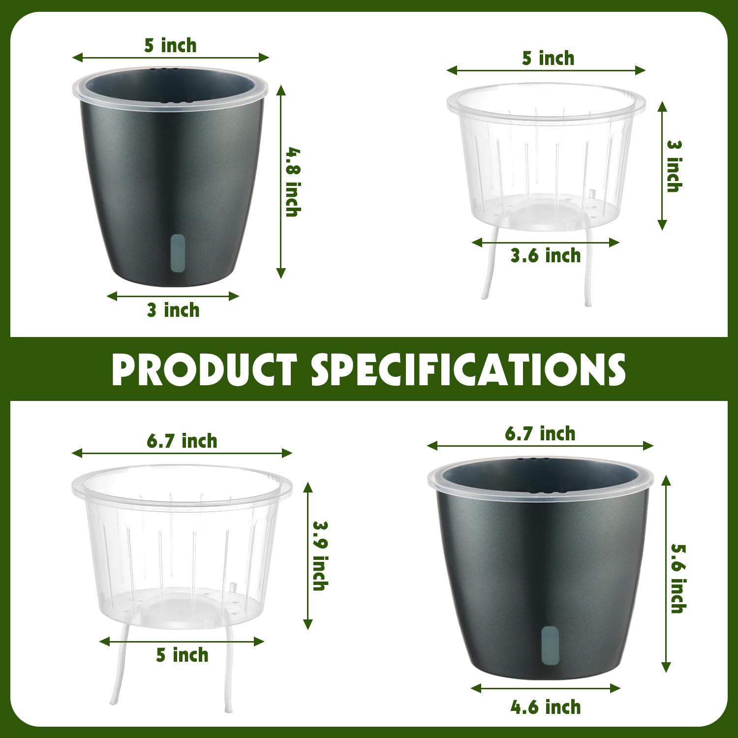 Self-Watering Pots for Indoor Plants, 16-Pack Self Watering Planter with Drainage Holes, Small African Violet Pots with Water Indicator, 10-Pack 5''/6-Pack 6.7'' Orchid Pot, Black