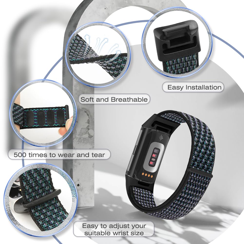 Sport Loop Nylon Watch Bands Compatible with Fitbit Charge 6/5, Adjustable Breathable Replacement Soft Nylon Loop Wristband for Women/Men