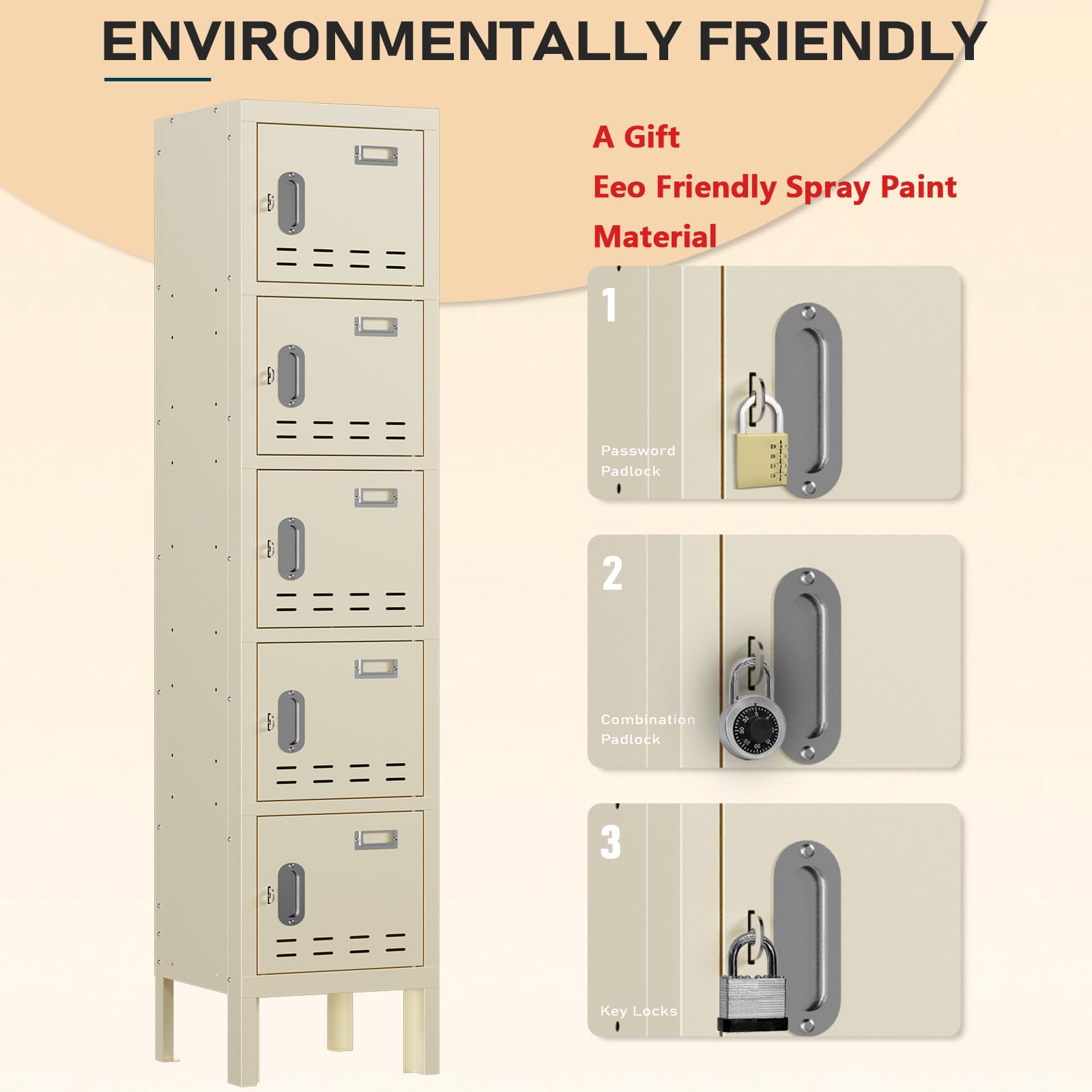 Lockers,Metal Locker, (Beige, 1 Door - (66.15" H x 11.8" W x 11.8" D))