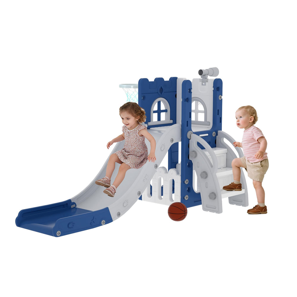 LulliSpace 6 in 1 Toddler Slide,Kids Playset for Toddlers Indoor Outdoor, Baby Slide with Basketball Hoop, Telescope & Storage Space,Non-Slip Steps for Great Gift