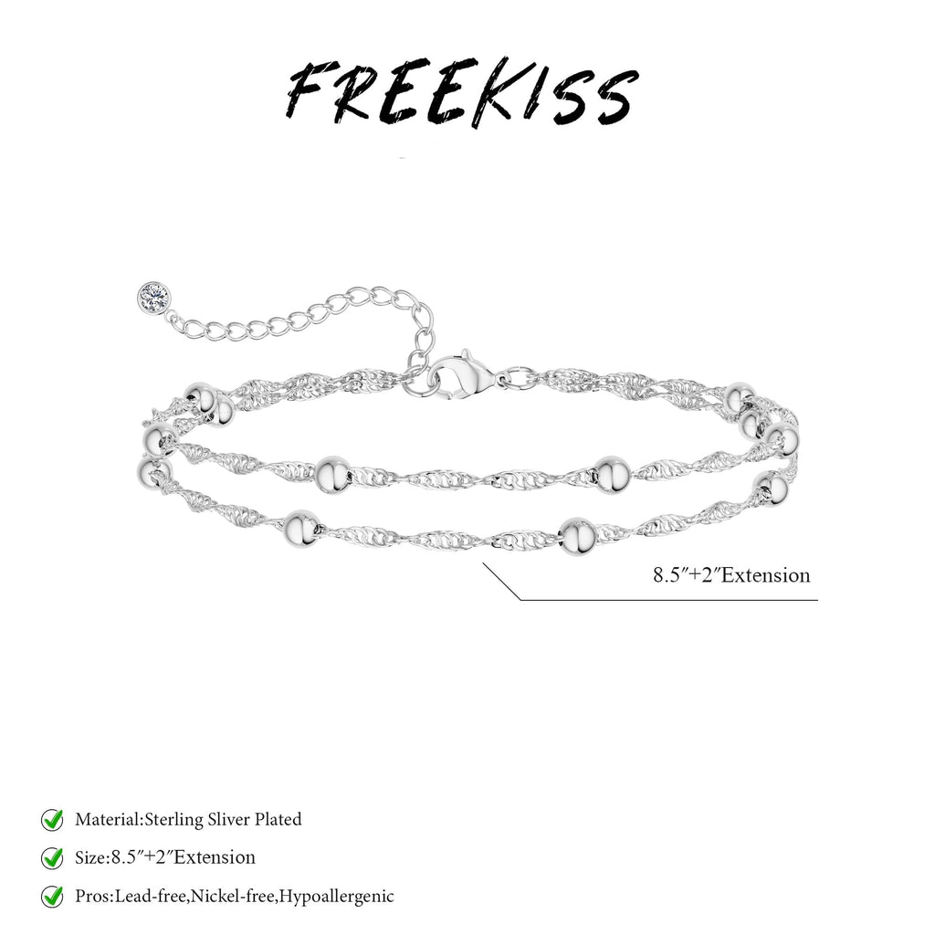 Freekiss Sterling Silver Ankle Bracelets for Women: Dainty Layered Waterproof Anklet for Women Adjustable Womens Anklet Set Stackable Figaro Beaded Cuban Link Anklets Beach Jewelry for Women