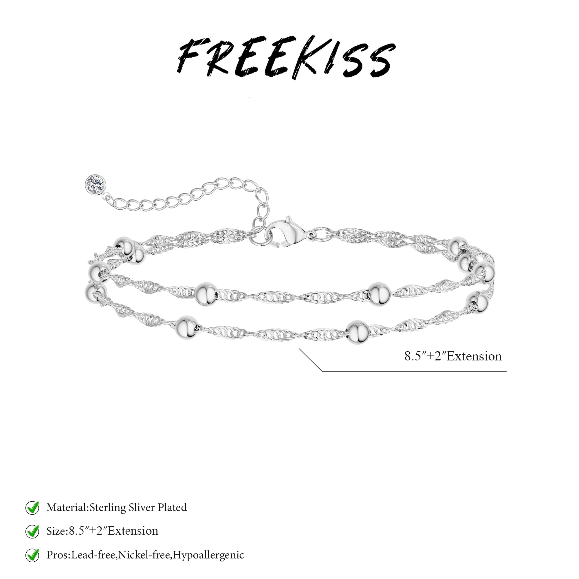 Freekiss Sterling Silver Ankle Bracelets for Women: Dainty Layered Waterproof Anklet for Women Adjustable Womens Anklet Set Stackable Figaro Beaded Cuban Link Anklets Beach Jewelry for Women