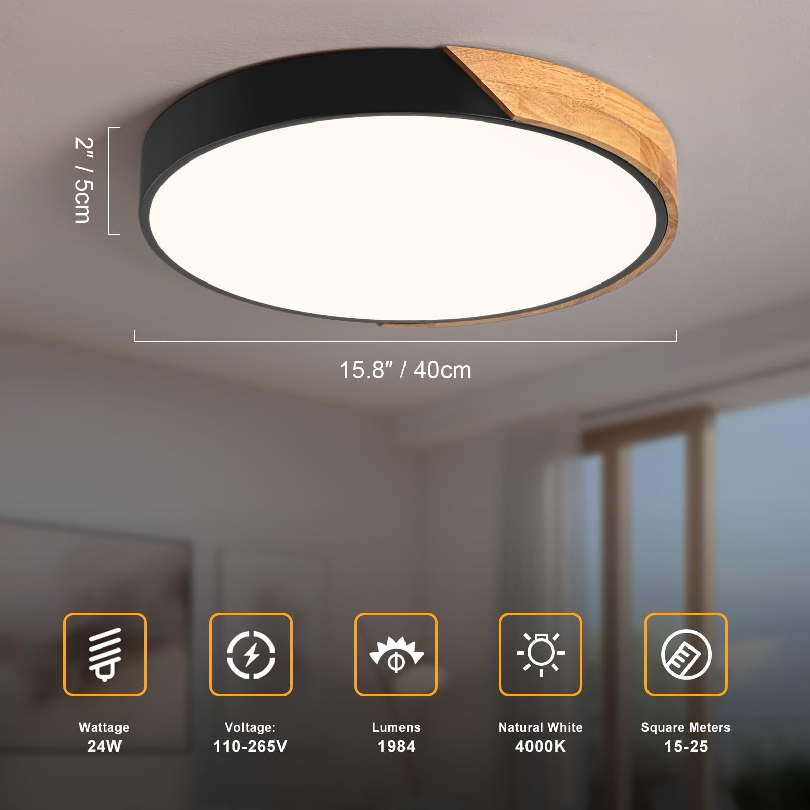 Modern LED Ceiling Light, Minimalist Wood Dimmable Flush Mount Ceiling Light Fixture, Round 5CCT Lighting Lamp with Acrylic Lampshade for Bedroom Hallway Kitchen Laundry, Black 11.8"