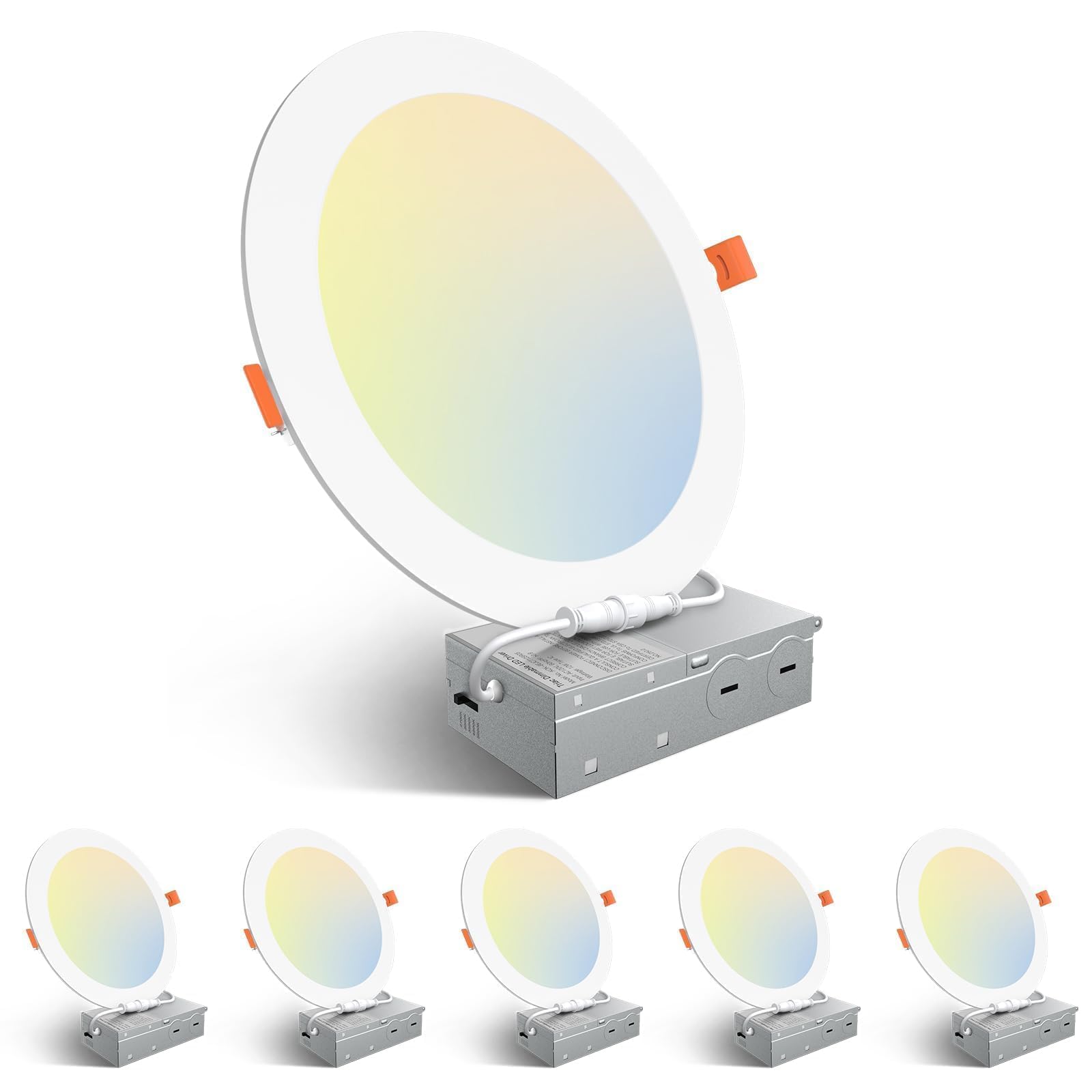 Amico 6 Pack 3 Inch 5CCT Ultra-Thin LED Recessed Ceiling Light with Junction Box, 2700K/3000K/3500K/4000K/5000K Selectable, 7W Eqv 60W 500LM Brightness Dimmable Canless Wafer Downlight, ETL