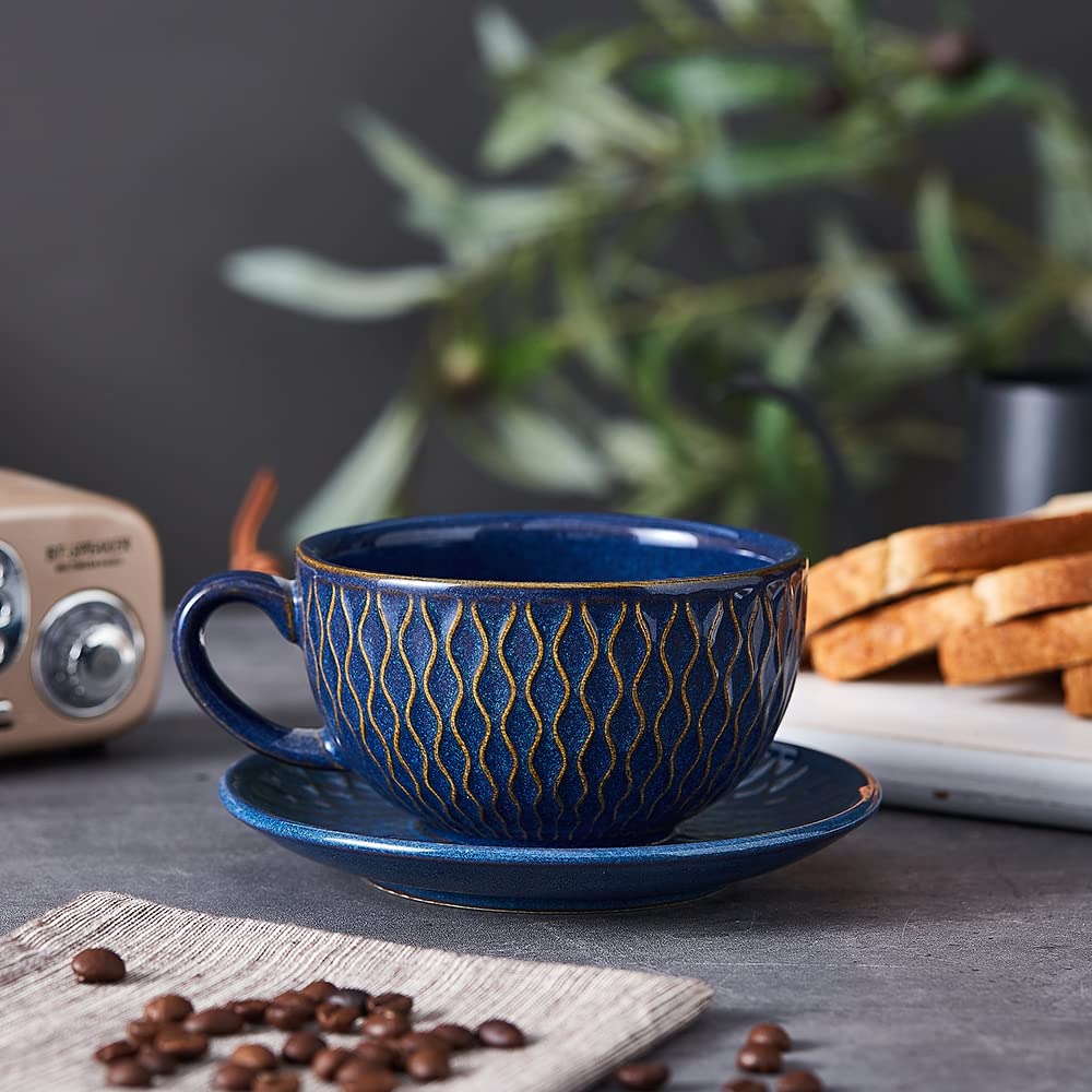 Coffeezone Vintage Design 12 oz Ceramic Latte Art Cappuccino Barista Cup with Saucer (Beige)