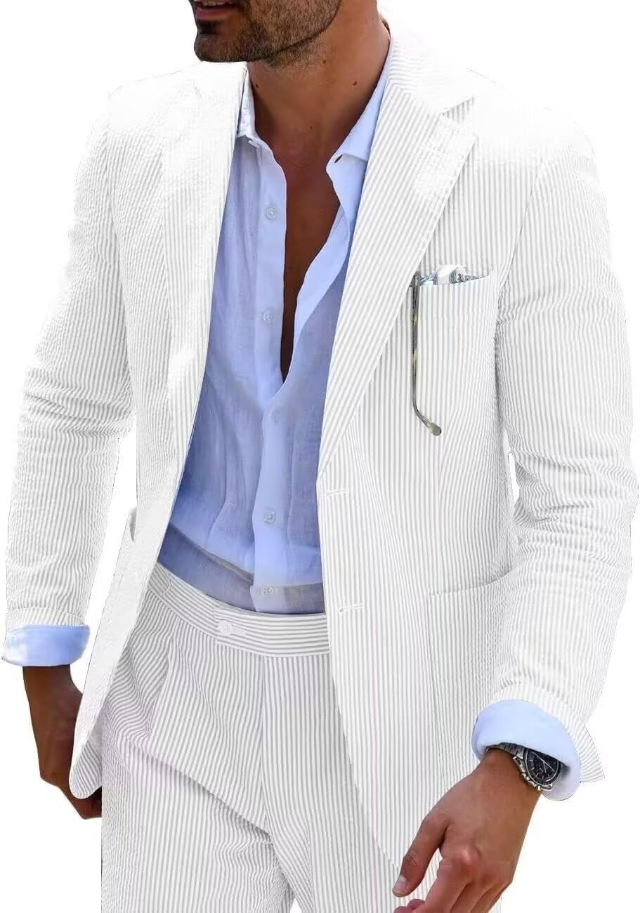 Wehilion Men's Seersucker Summer Suit Groom Wedding Seersucker Outfit Slim Fit Formal Suit Set for Men