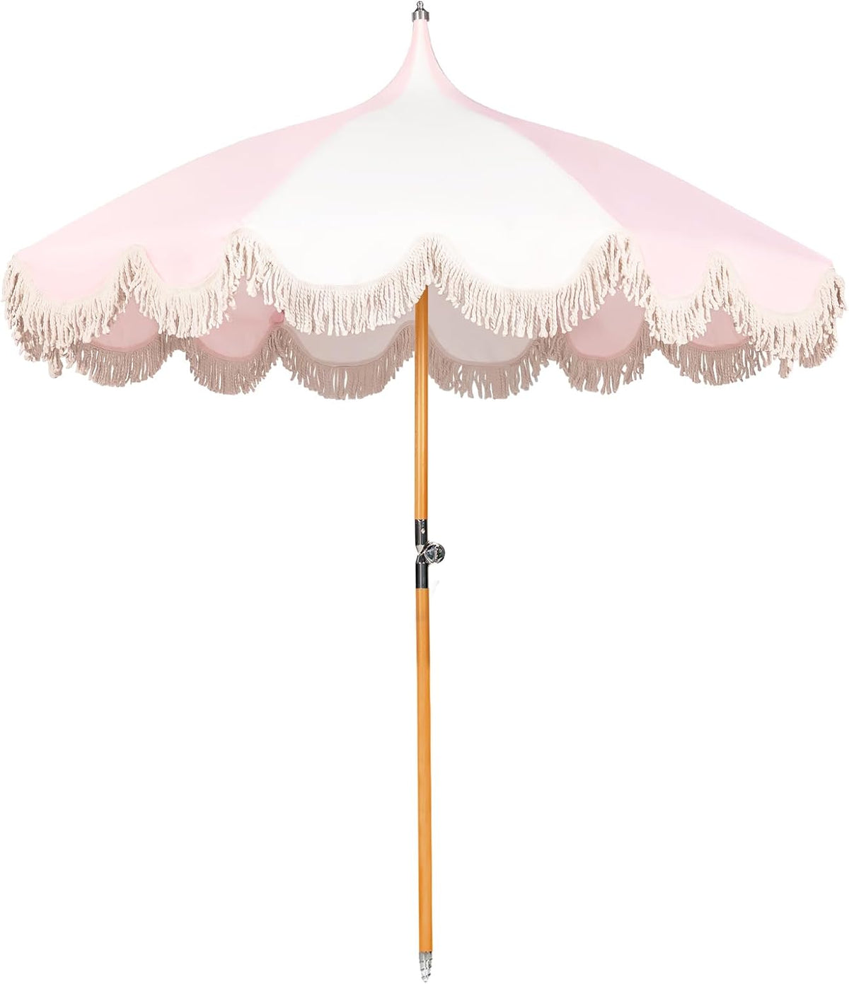 6.5ft Pagoda Beach Umbrella with Fringe, UPF 50+ Boho Umbrellas with Carry Bag, Premium Wood Pole Foldable Tassel Umbrella for Outdoor Garden Lawn Pool Yard Table