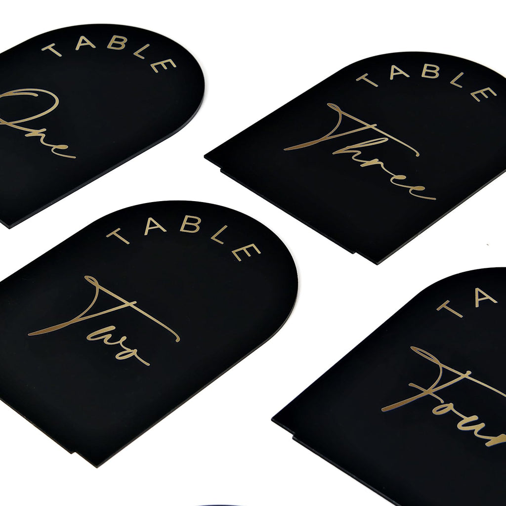 Black Arched Wedding Table Numbers 1-10 with Stands, 5x7 Inch Black Arch Acrylic Sign with Gold Letters, Acrylic Table Numbers for Wedding Reception