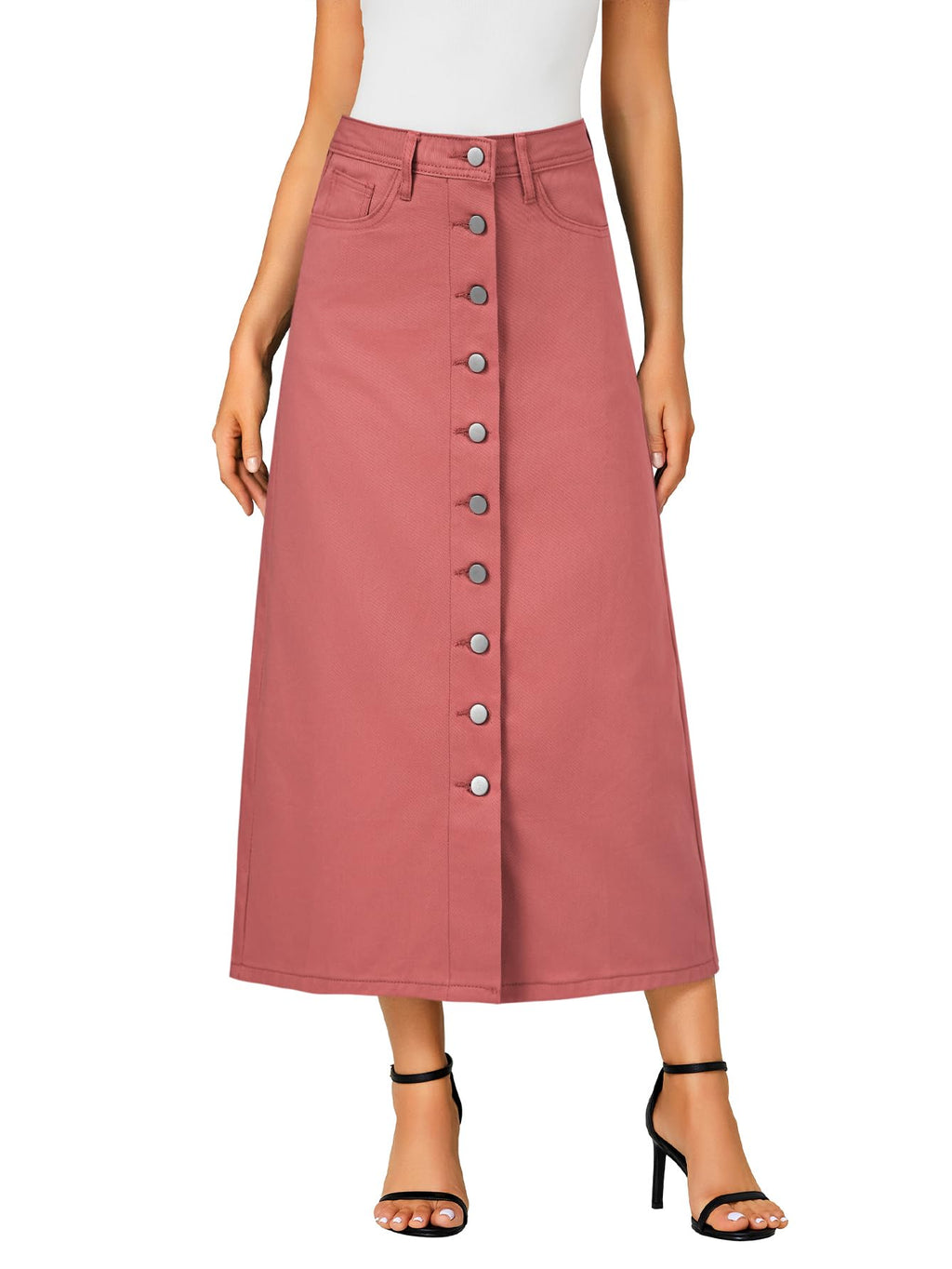 Vrtige Women's Casual Button Down High Waisted A Line Jean Midi Long Denim Skirt with Pockets