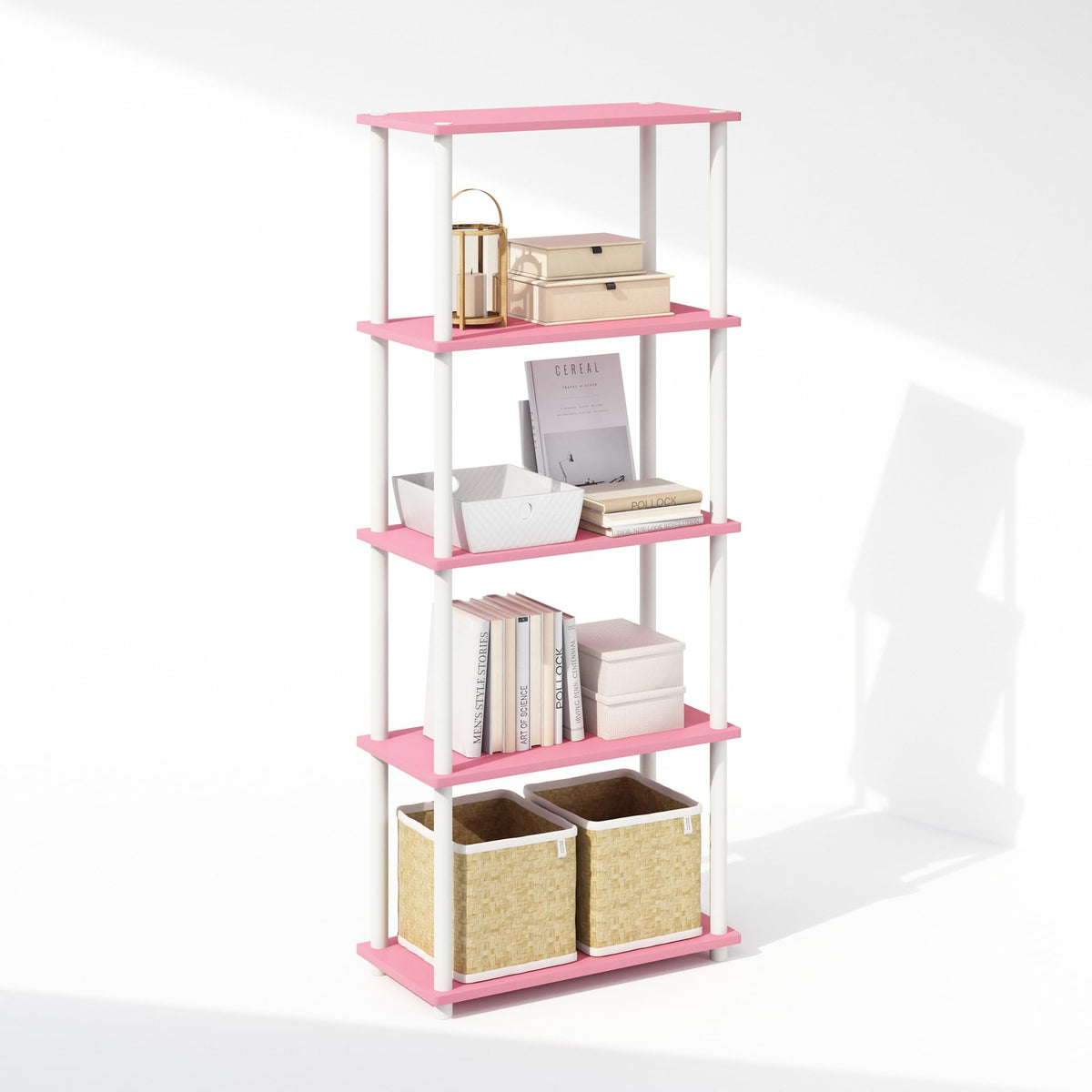Furinno Turn-N-Tube Book Shelf, 4-Tier Bookshelf, Bookcase with Multipurpose Compact Display Rack, 11.6 x 23.6 x 43.2, for Living Room, Bedroom, Home Office, Americano/Black