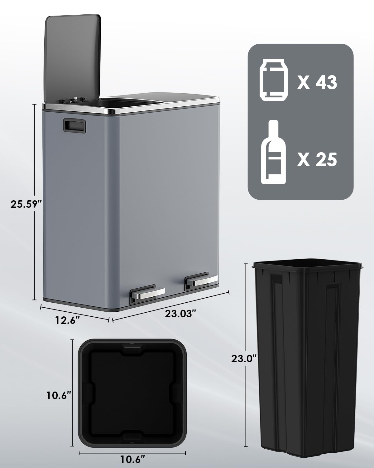 60L(16 Gal) Dual Trash Can, Stainless Steel Kitchen Garbage Can, Double Compartment Classified Rubbish Bin, Recycle Dustbin w/Plastic Inner Buckets, Soft-Close Lid, Airtight, Black
