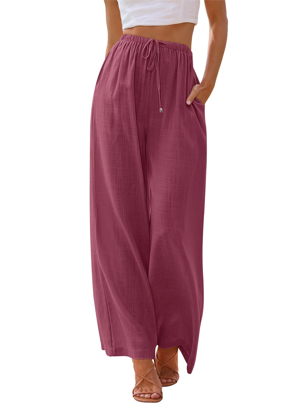 LILLUSORY Women's Linen Summer Palazzo Pants Flowy Wide Leg Beach Pants with Pockets