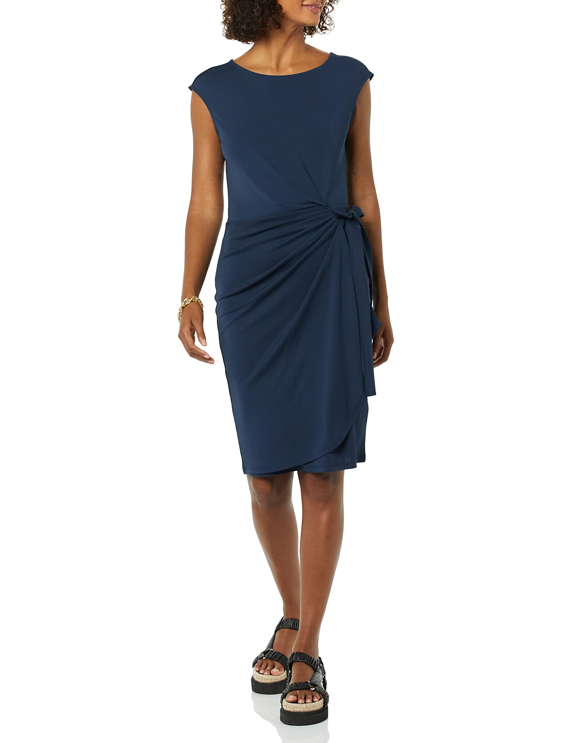 Amazon Essentials Women's Cap Sleeve Boat-Neck Faux Wrap Dress