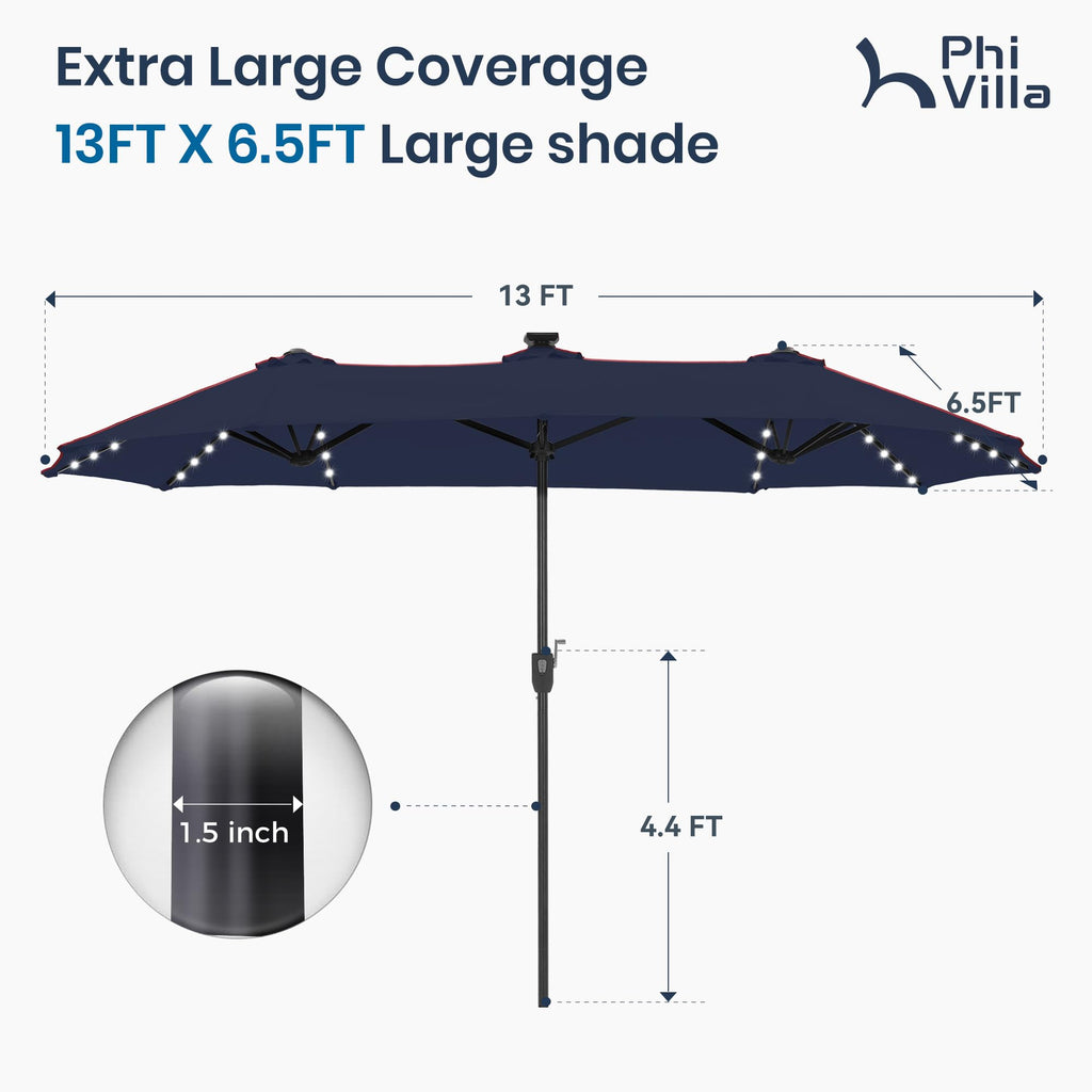 PHI VILLA 13ft Patio Umbrella with Solar-Powered 120 PCS LED Color-Changing Lights, Triple-Head Large Rectangle Umbrella Outdoor Patio for Table with Crank Lift,Beige(No Base)