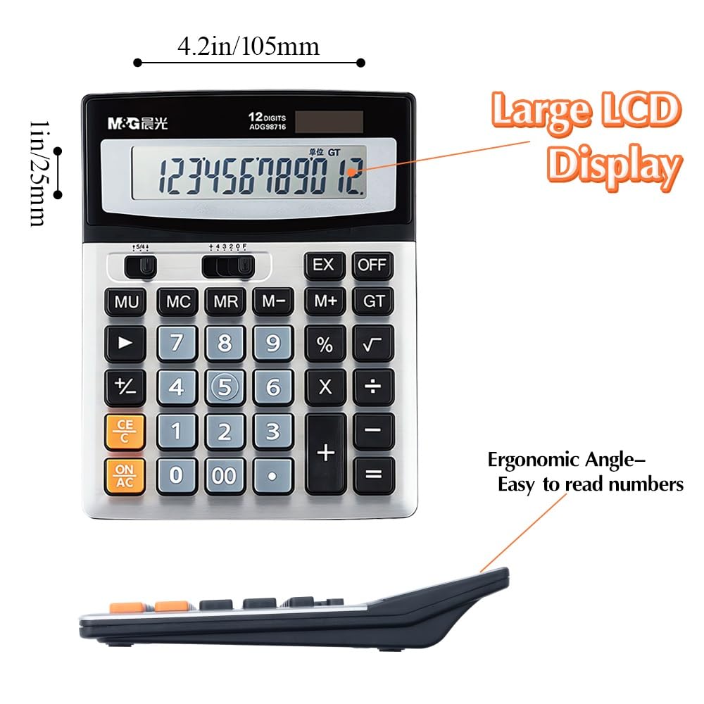 M&G Desk Calculator 12 Digit Extra Large LCD Display, Dual Solar Power and Battery, Accounting Calculator with Big Button, Battery Include, Perfect for Office Business Home Daily Use