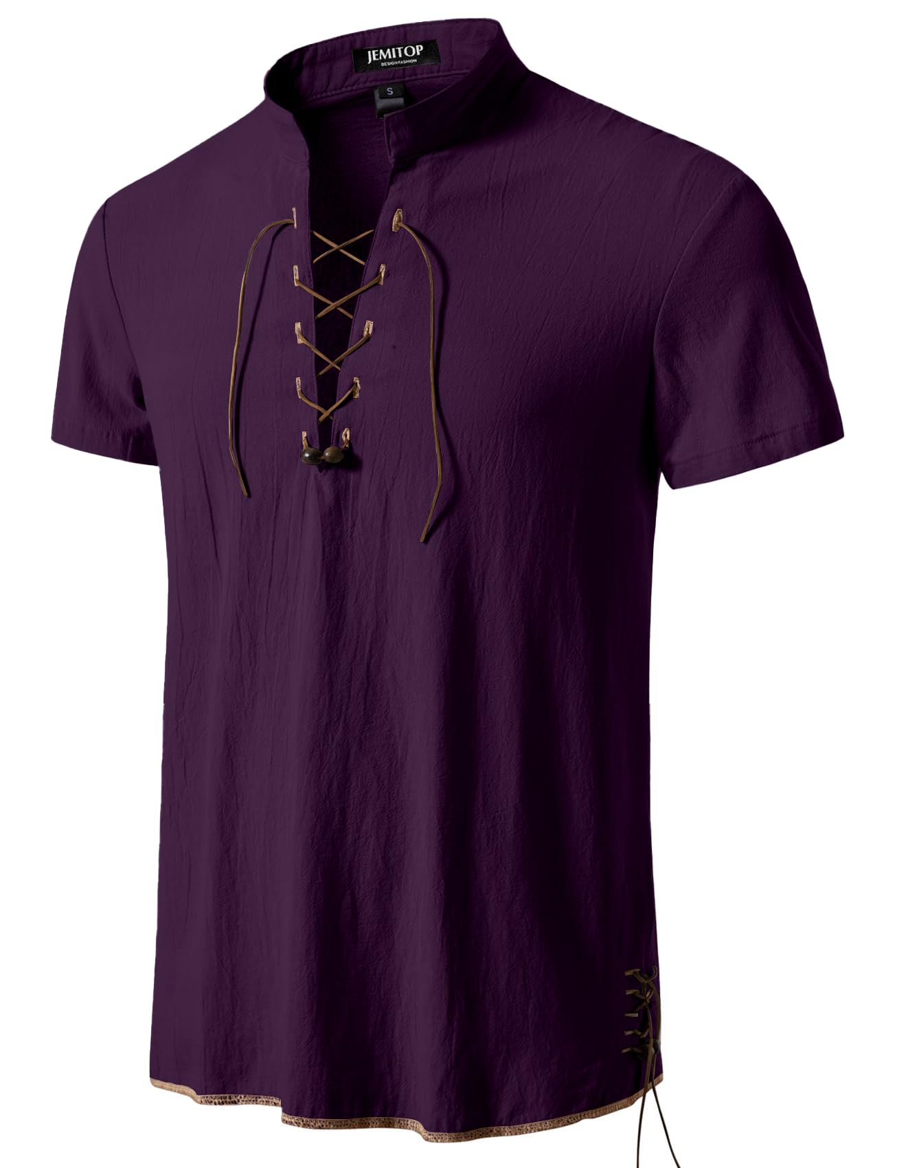 JEMITOP Men's Pure Cotton Vintage Short Sleeve Lace Up Shirts for Renaissance Pirate Viking Medieval Costume