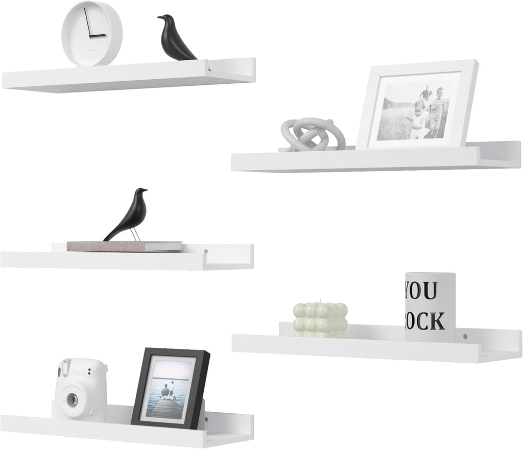 DOLLFIO Floating Shelves Set of 5, White Wall Shelves with Lip, Display Shelves for Wall Decor, Modern Picture Ledge for Living Room, Bedroom, Nursery, Bathroom, Pictures, Books, Plants- White