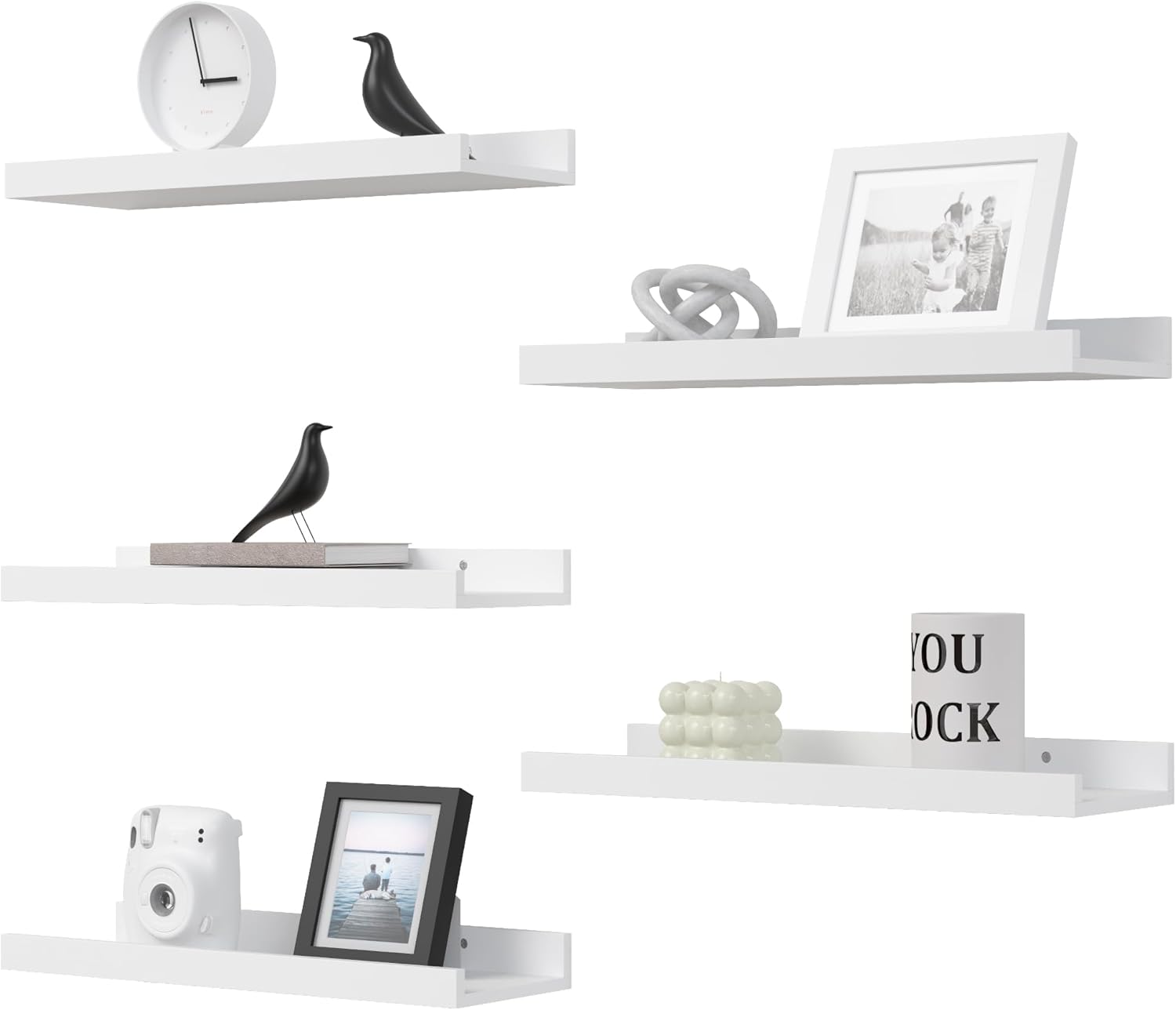 DOLLFIO Floating Shelves Set of 5, White Wall Shelves with Lip, Display Shelves for Wall Decor, Modern Picture Ledge for Living Room, Bedroom, Nursery, Bathroom, Pictures, Books, Plants- White