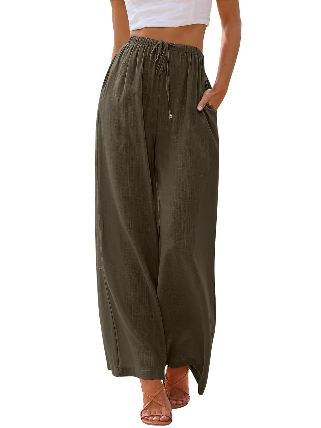 LILLUSORY Women's Linen Summer Palazzo Pants Flowy Wide Leg Beach Pants with Pockets