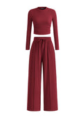 PRETTYGARDEN Women's 2 Piece Sets 2026 Fall Long Sleeve Crop Tops Wide Leg Pants Matching Outfit Tracksuits Spring Clothes