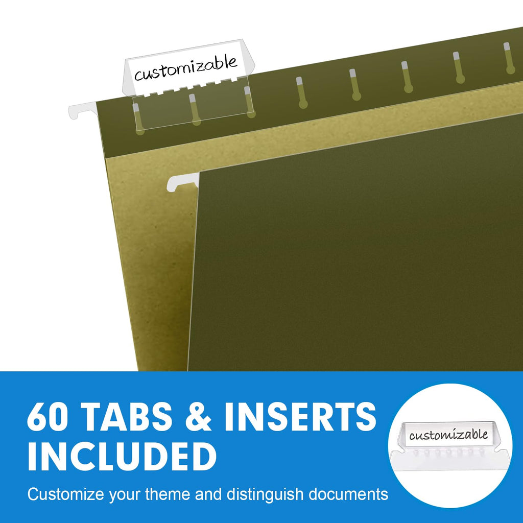 Extra Capacity Hanging File Folders, RAZCC 60 Pack Letter Size Reinforced Hanging Folders with Heavy Duty 1 Inch Expansion for Bulky Files, Filing Cabinet, Adjustable Tabs, Green