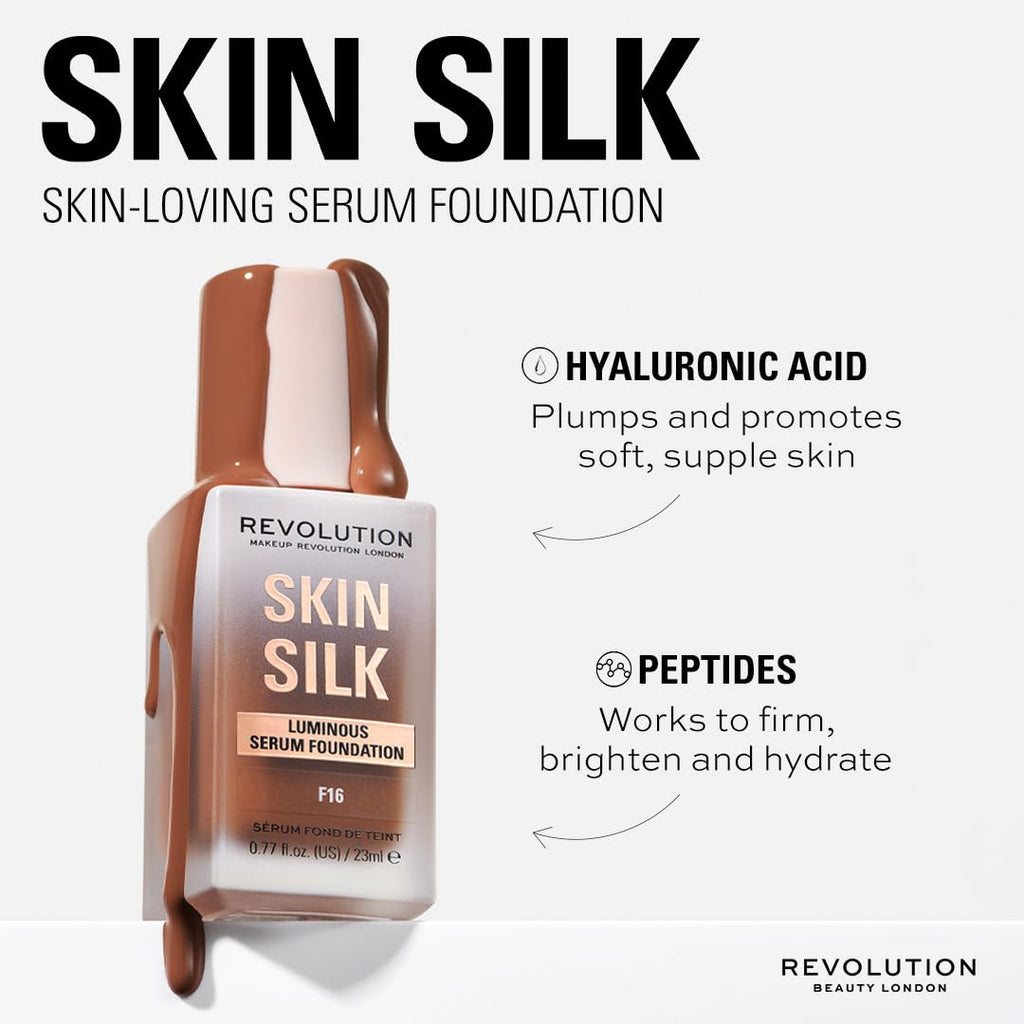 Revolution Skin Silk Radiant Satin Serum Foundation, Buildable Coverage with Hydrating Hyaluronic Acid for a Natural Finish, Vegan & Cruelty-Free, F0.5C Fair Skin Tones, 0.77 fl oz