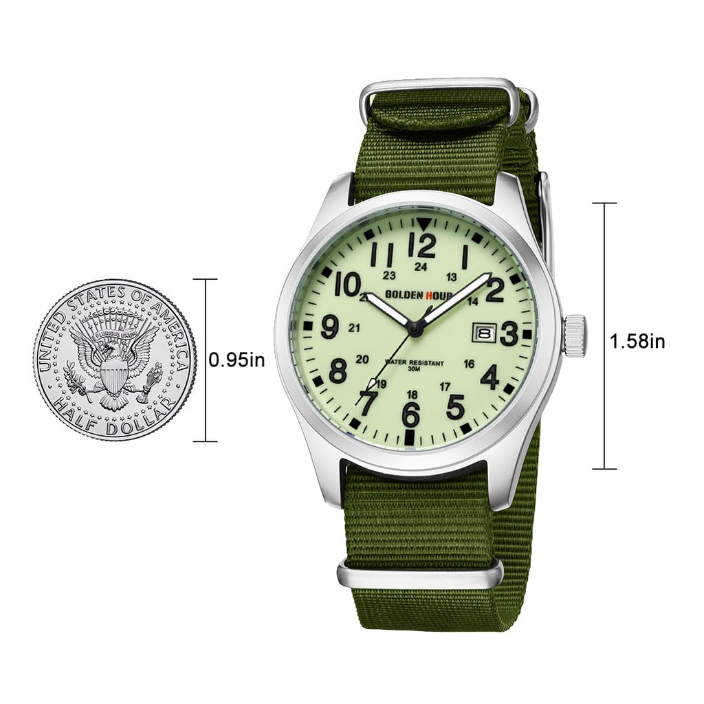 GOLDEN HOUR Men's Nylon Slip-Thru Strap Watch with Military Time Easy Read Dial Glowing Hands
