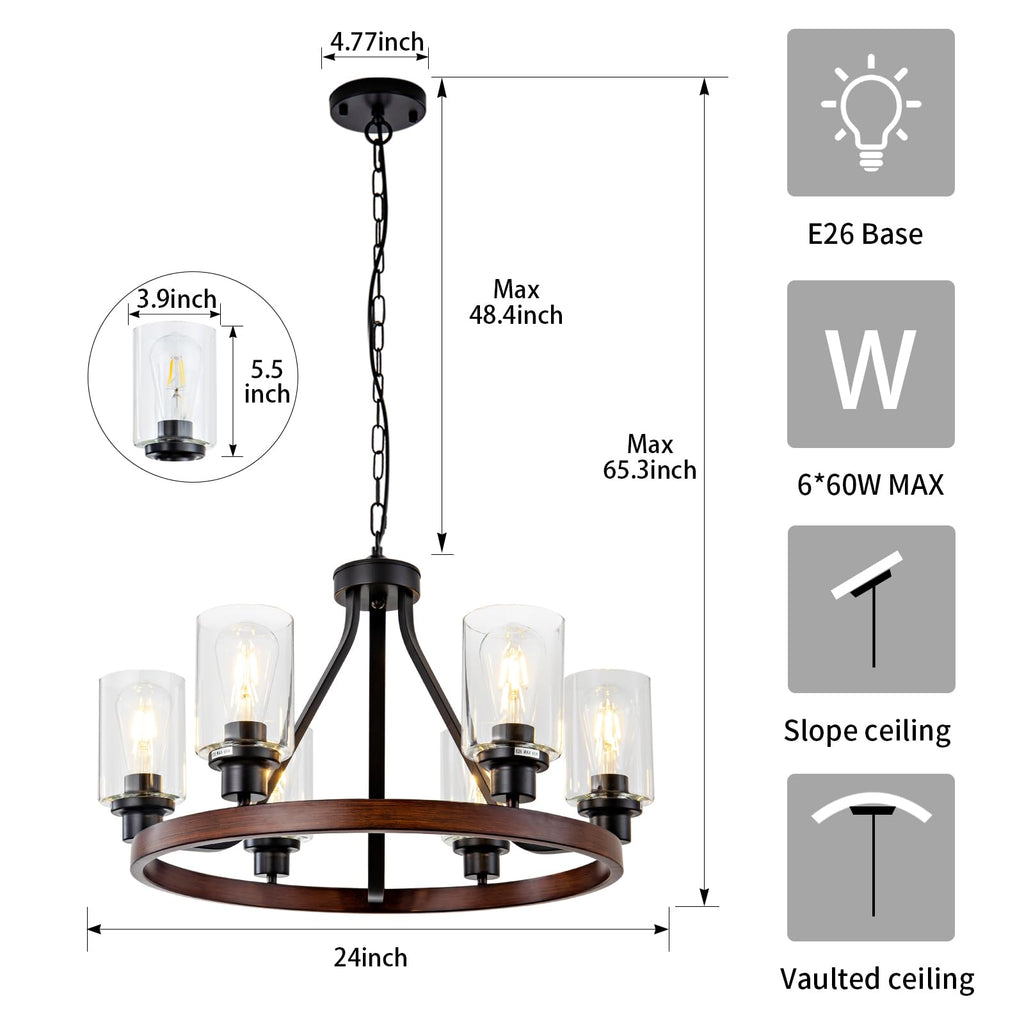 Lanhall 6-Light Modern Dining Room Light Fixture Brushed Nickel Kitchen Chandelier Ceiling Hanging Pendant Lighting with Glass Shade for Living Room Bedroom Entryway Adjustable Height Metal E26