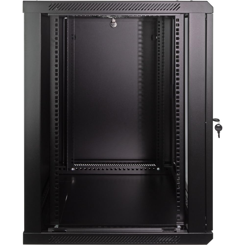NavePoint 12U Server Rack Enclosure - 23.6” Deep, Wall Mount Network Cabinet with Locking Glass Door for 19” IT Equipment, Network Rack with 2 Fans, Removable Side Panels, Black