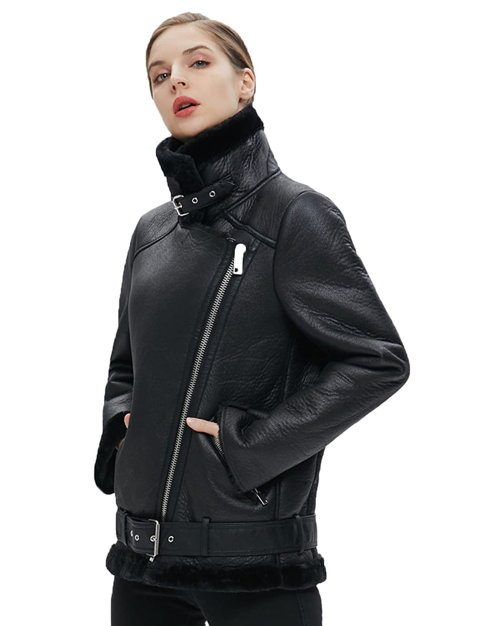 LY VAREY LIN Women's Faux Shearing Moto Jacket Thick Lined Parka Winter Shearling Coat Leather Jacket