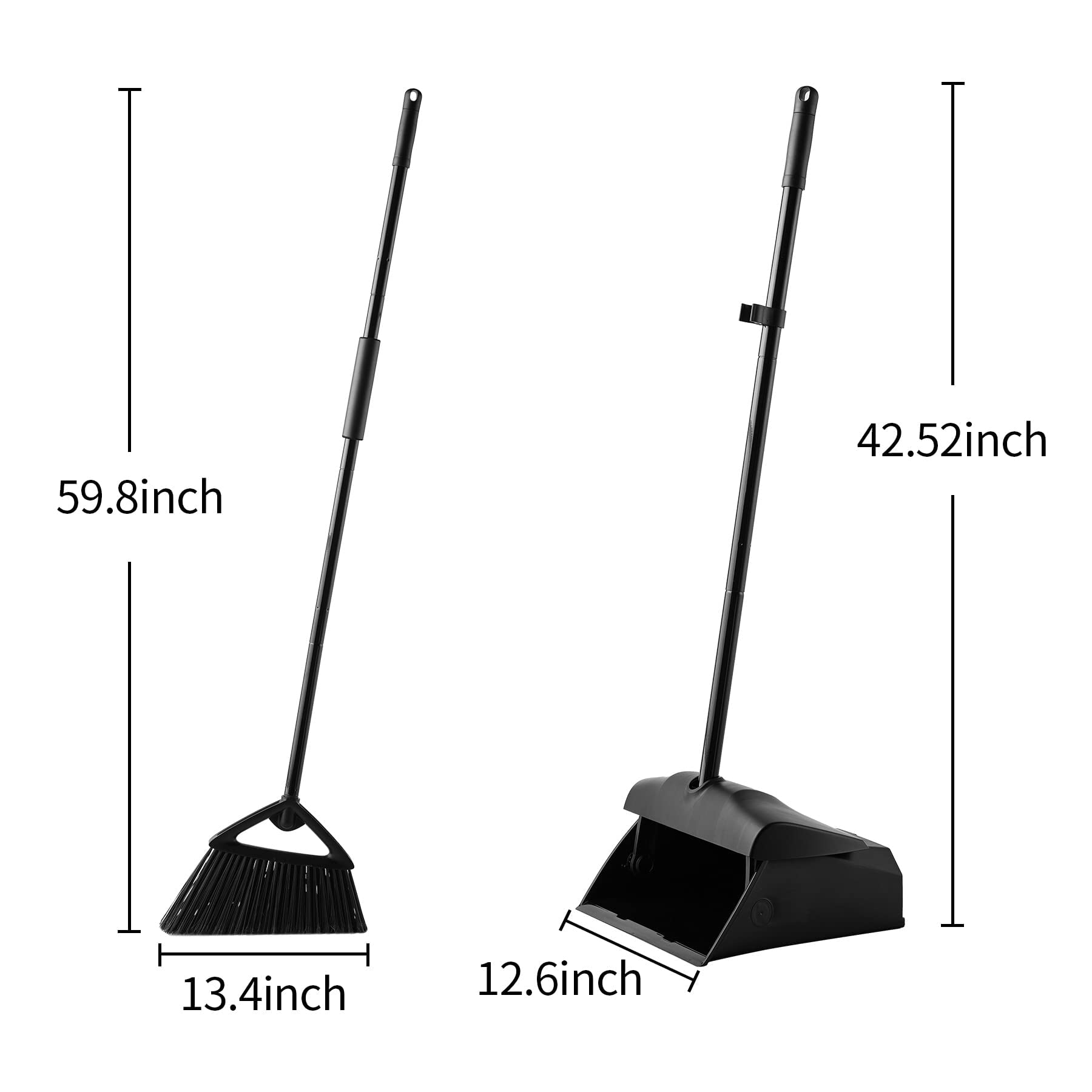 Eyliden Commercial Angle Broom and Dustpan Combo, with Long Handle and Lid, Lobby Dust Pan Sweep Set for Outdoor Garages Courtyard Sidewalks Decks Indoor Home Kitchen Room Office (Black Broom+Dustpan)