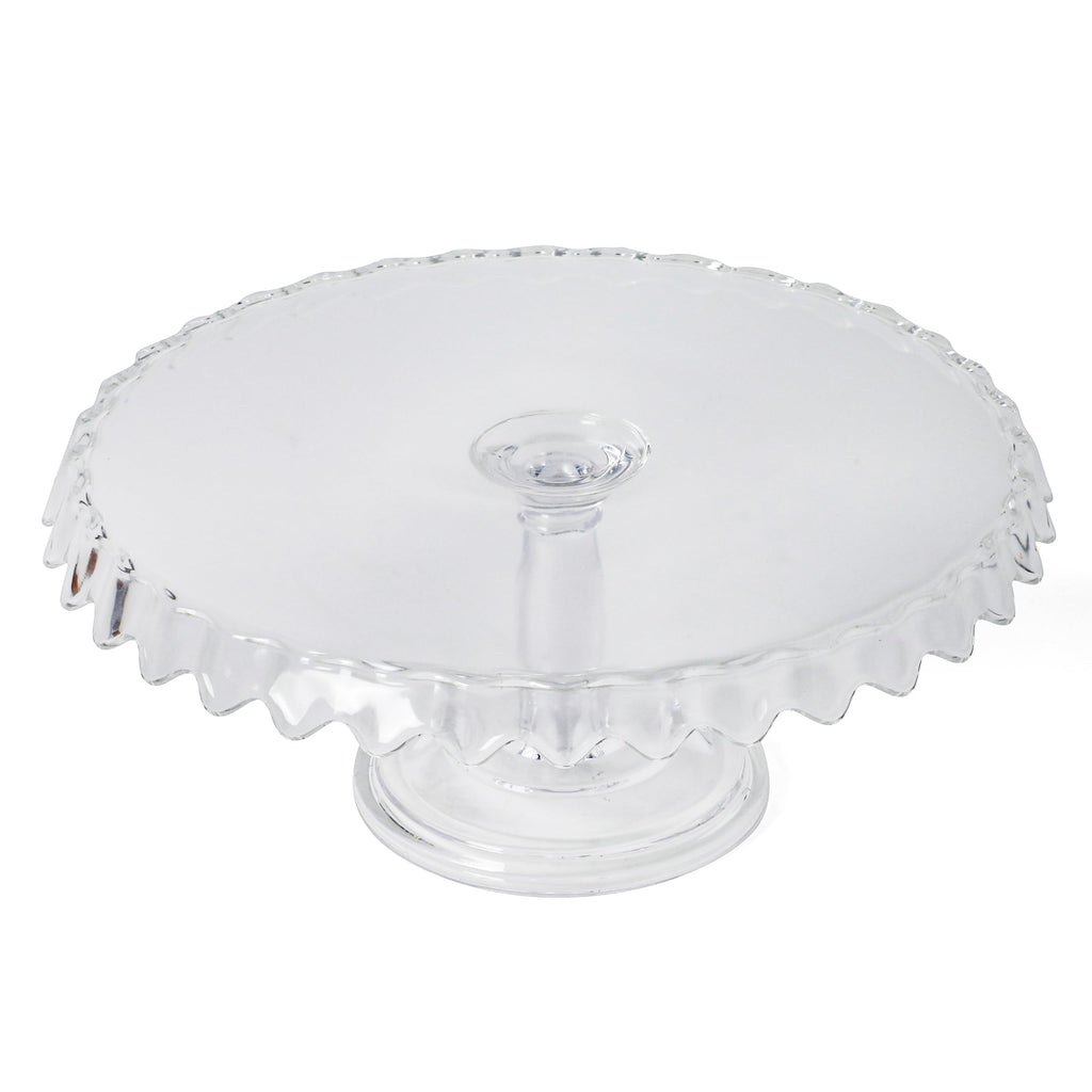 Martha Stewart Watercrest Glass Cake Stand, 10.2 Inch Footed Pedestal Cake Plate with Scalloped Ruffled Edge, Clear Handmade Glassware for Weddings, Parties, and Dessert Display
