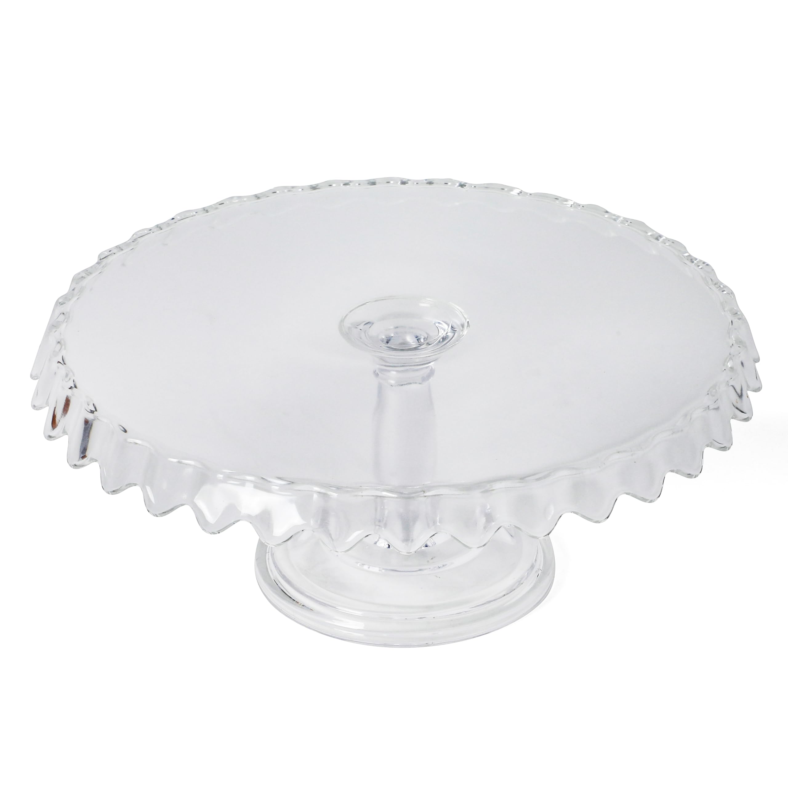 Martha Stewart Watercrest Glass Cake Stand, 10.2 Inch Footed Pedestal Cake Plate with Scalloped Ruffled Edge, Clear Handmade Glassware for Weddings, Parties, and Dessert Display