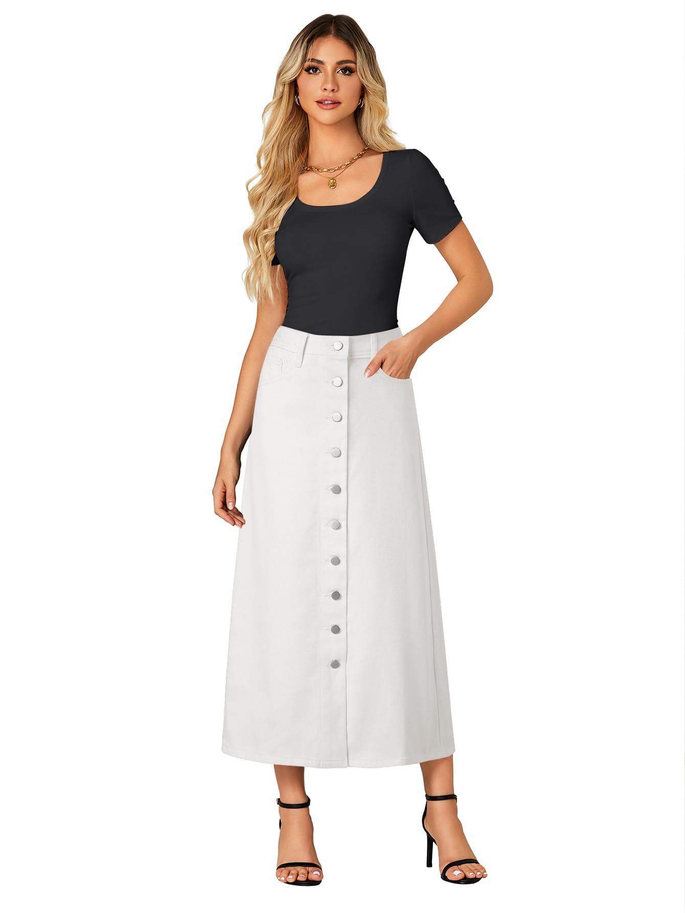 Vrtige Women's Casual Button Down High Waisted A Line Jean Midi Long Denim Skirt with Pockets