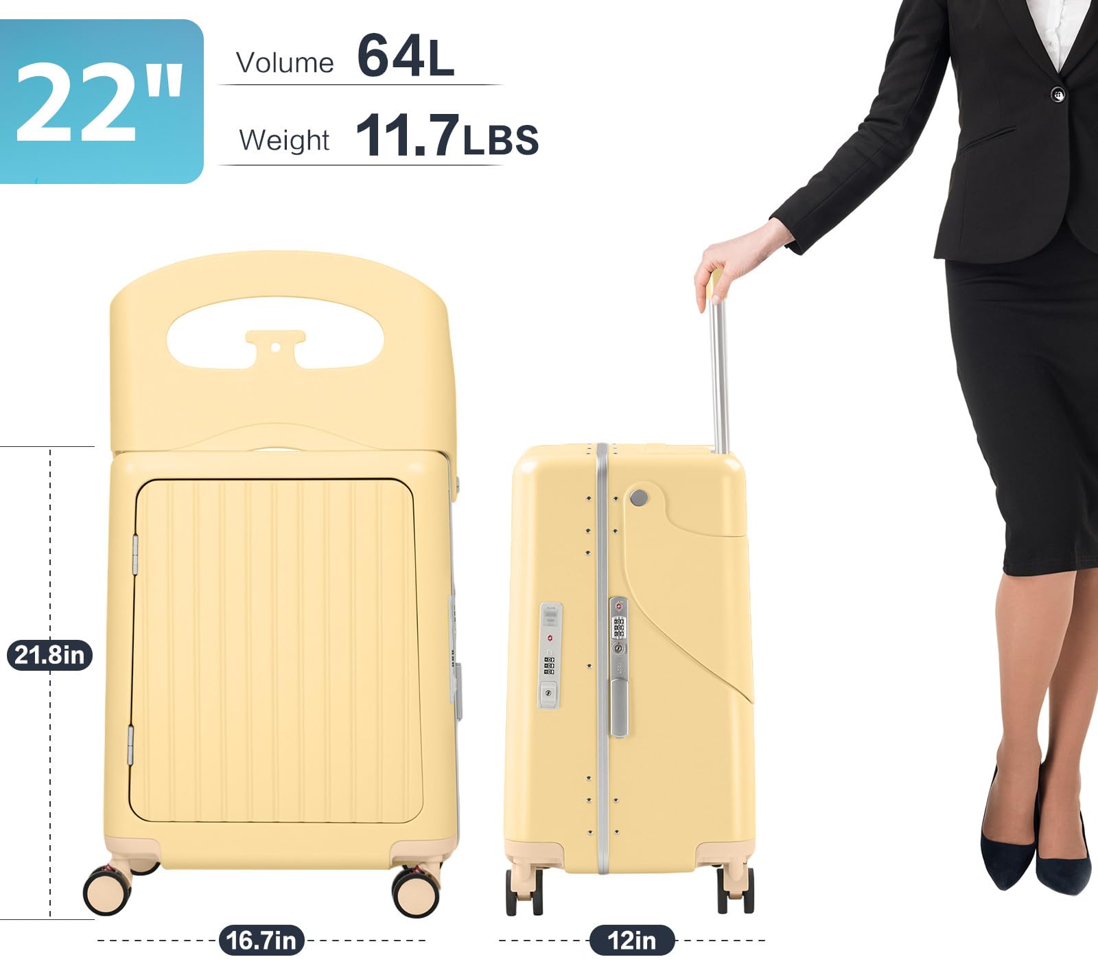 smilesun 20" Carry On Luggage with Seat For Kids & Adults，Hardside Ride On Suitcase Front Opening with 360°Spinner and TSA Lock For Travel (Black with Front Open, 20")