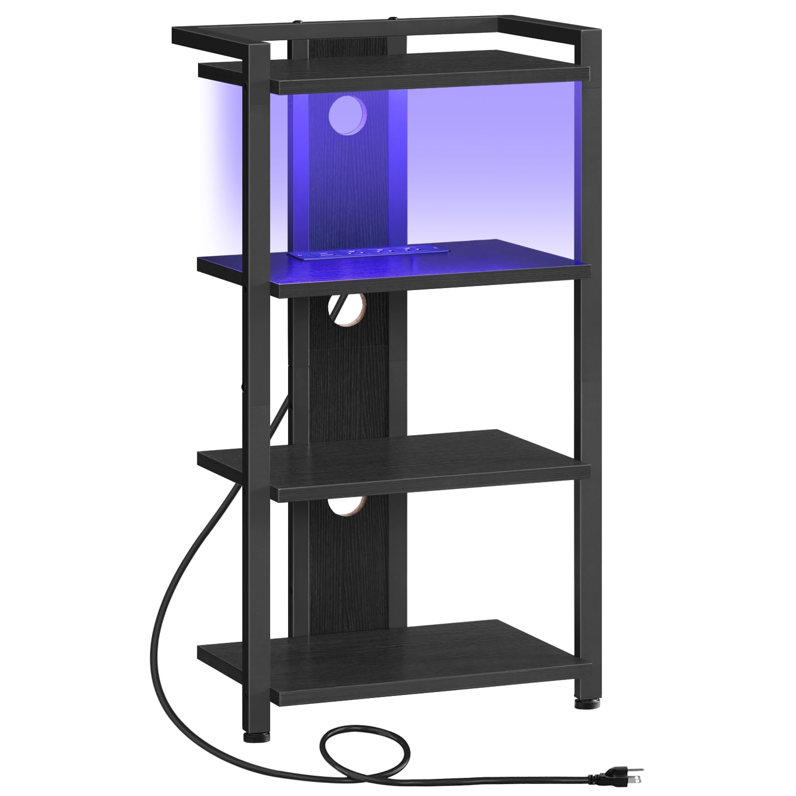 HOOBRO Game Console Shelf, 4-Tier Video Gaming Consoles Stand with Outlet & RGB Light, Audio Rack Tower for Turntable, Stereo Equipment, Wooden Entertainment Storage Stand, Black BB38UDCJ01