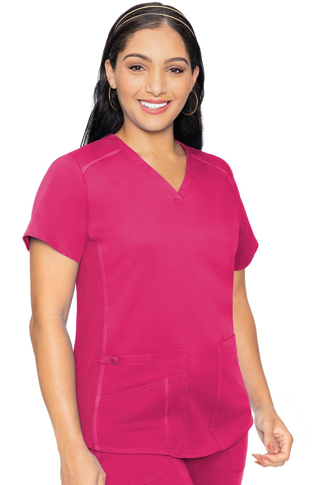 Med Couture V-Neck Scrub Top for Women with 4 Pockets, Rib-Knit Side Panel, and Shirttail Hem MC7459