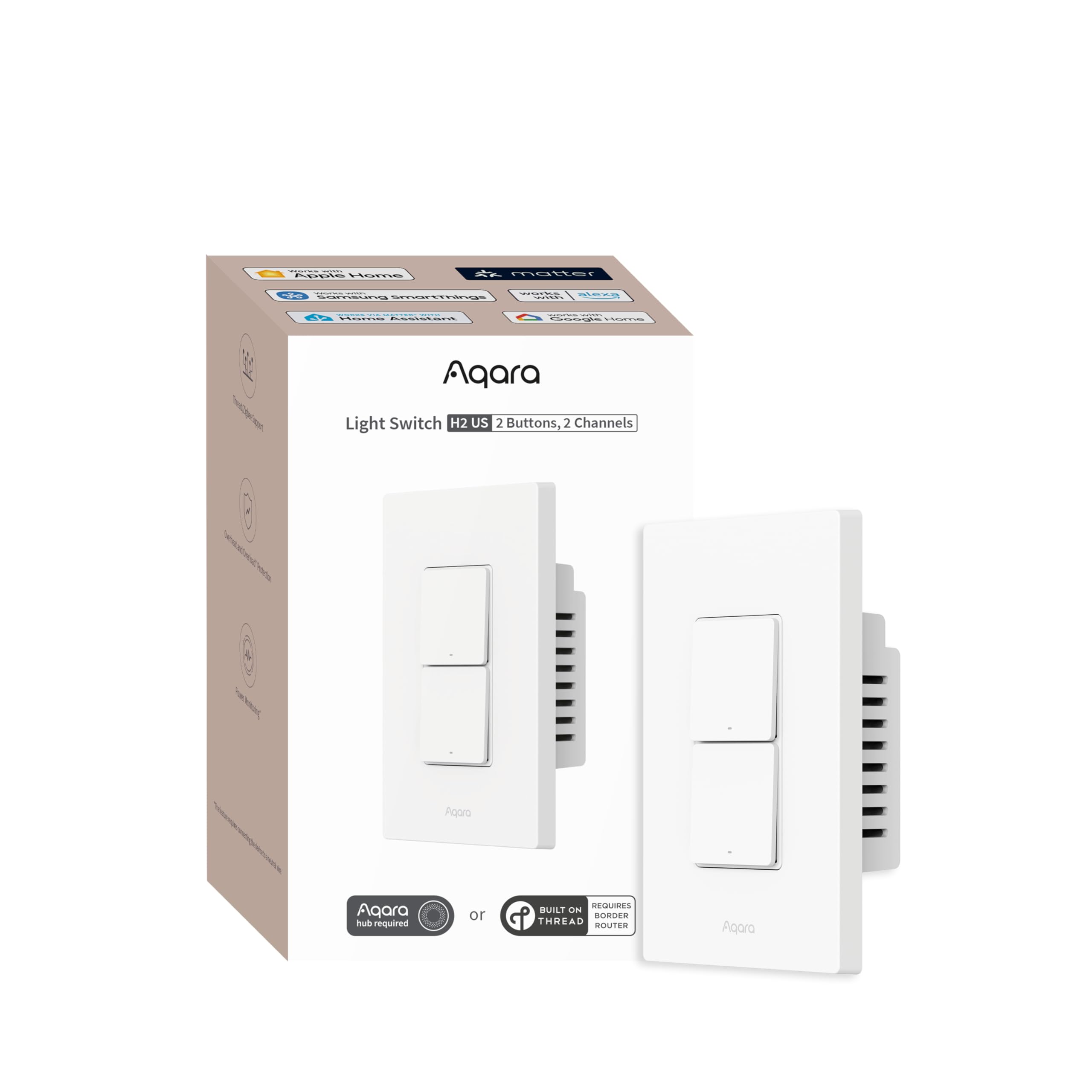 Aqara Smart Light Switch H2 (2-in-1 Neutral, 2 Buttons, 1 Channel), Thread/Zigbee Protocol, Wall Switch for Smart Home, Supports Apple Home, Google, Alexa, Matter Over Thread
