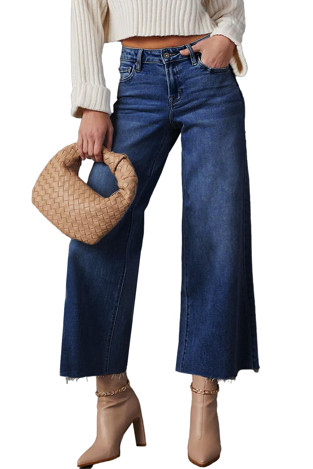 Allimy Women's High Waisted Straight Ankle Wide Leg Ripped Jeans Frayed Hem Stretchy Capri Denim Pants