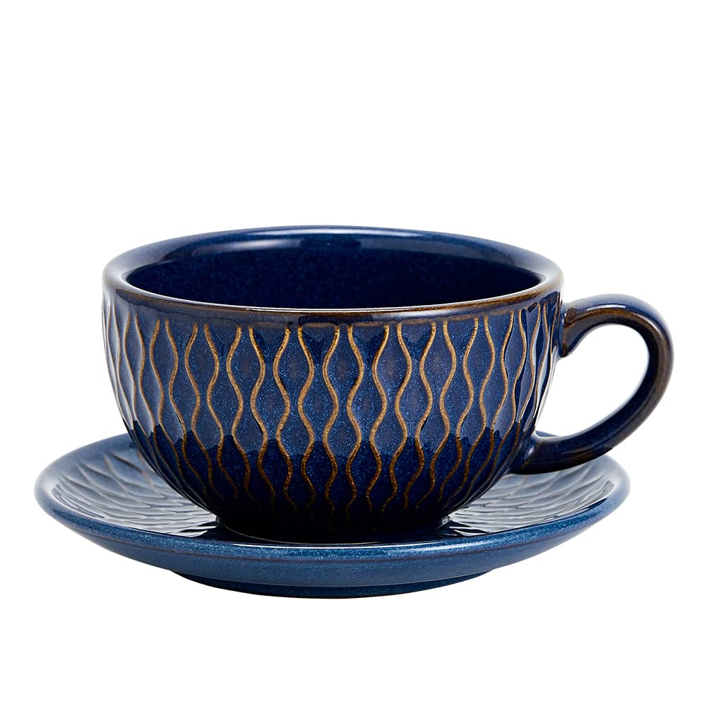 Coffeezone Vintage Design 12 oz Ceramic Latte Art Cappuccino Barista Cup with Saucer (Beige)