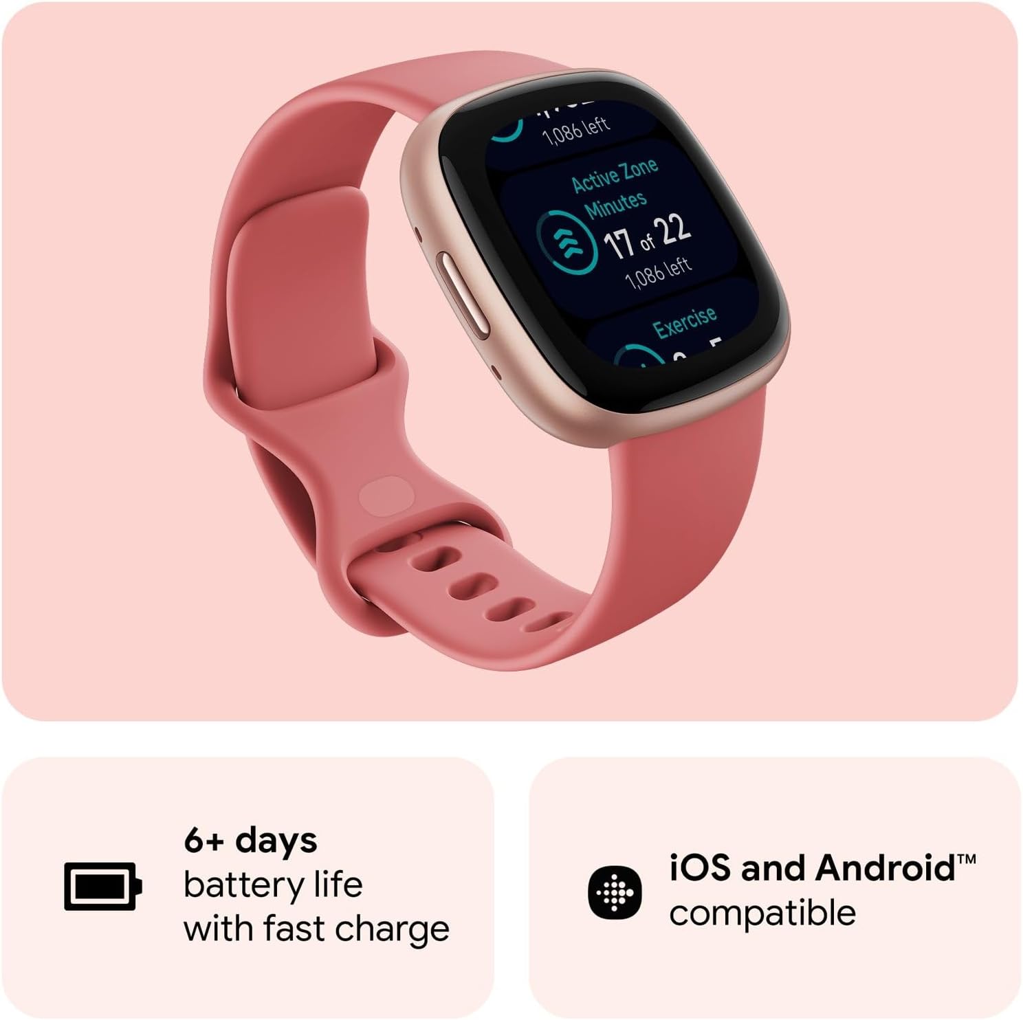 Fitbit Versa 4 Health & Fitness Smartwatch with GPS, 24/7 Heart Rate, Sleep Tracking, Workout Modes, Built-in Alexa, Water Resistant, 6+ Day Battery Life - Black (Pink Sand/Copper Rose)